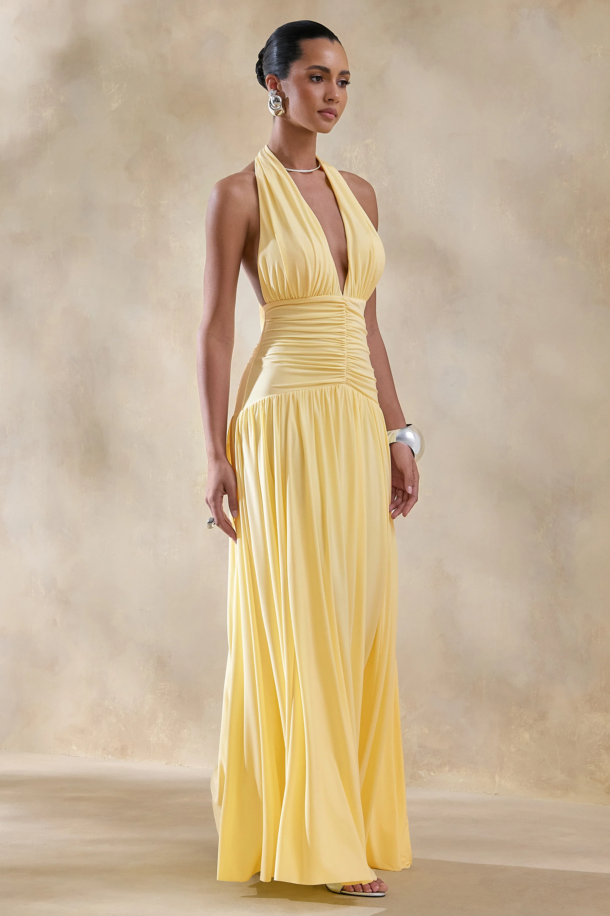 Bettina | Lemon Plunge-Neck Maxi Dress With Gathered-Detailing - Image 6