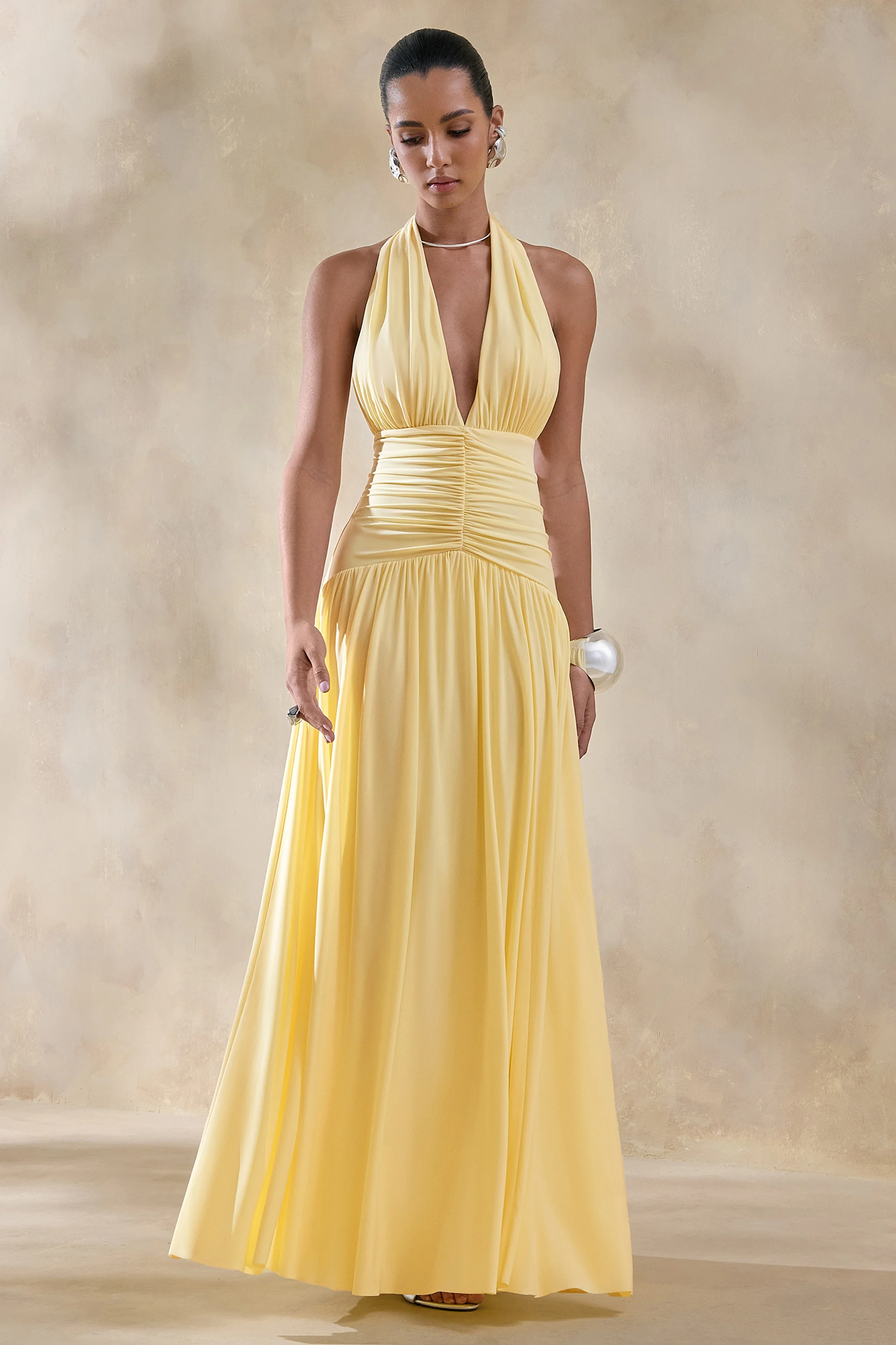 Bettina | Lemon Plunge-Neck Maxi Dress With Gathered-Detailing - Image 7