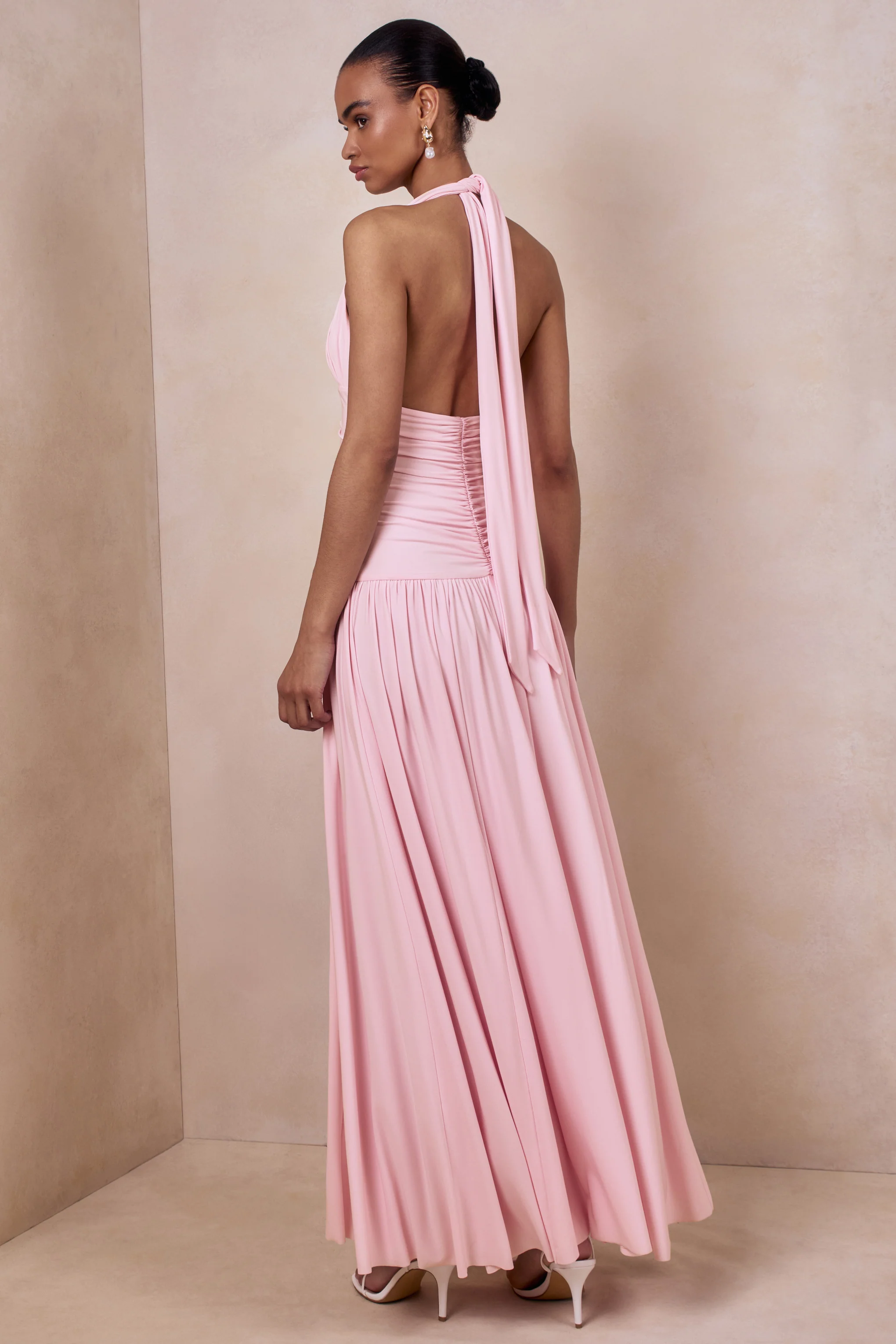 Bettina | Pink Plunge-Neck Maxi Dress With Gathered-Detailing - Image 2