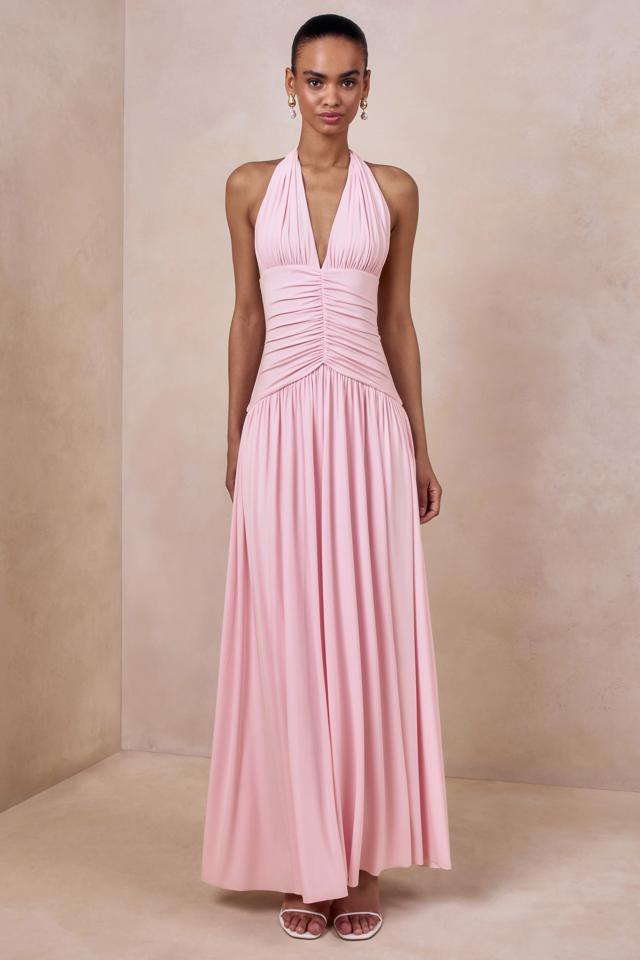 Bettina | Pink Plunge-Neck Maxi Dress With Gathered-Detailing - Image 3
