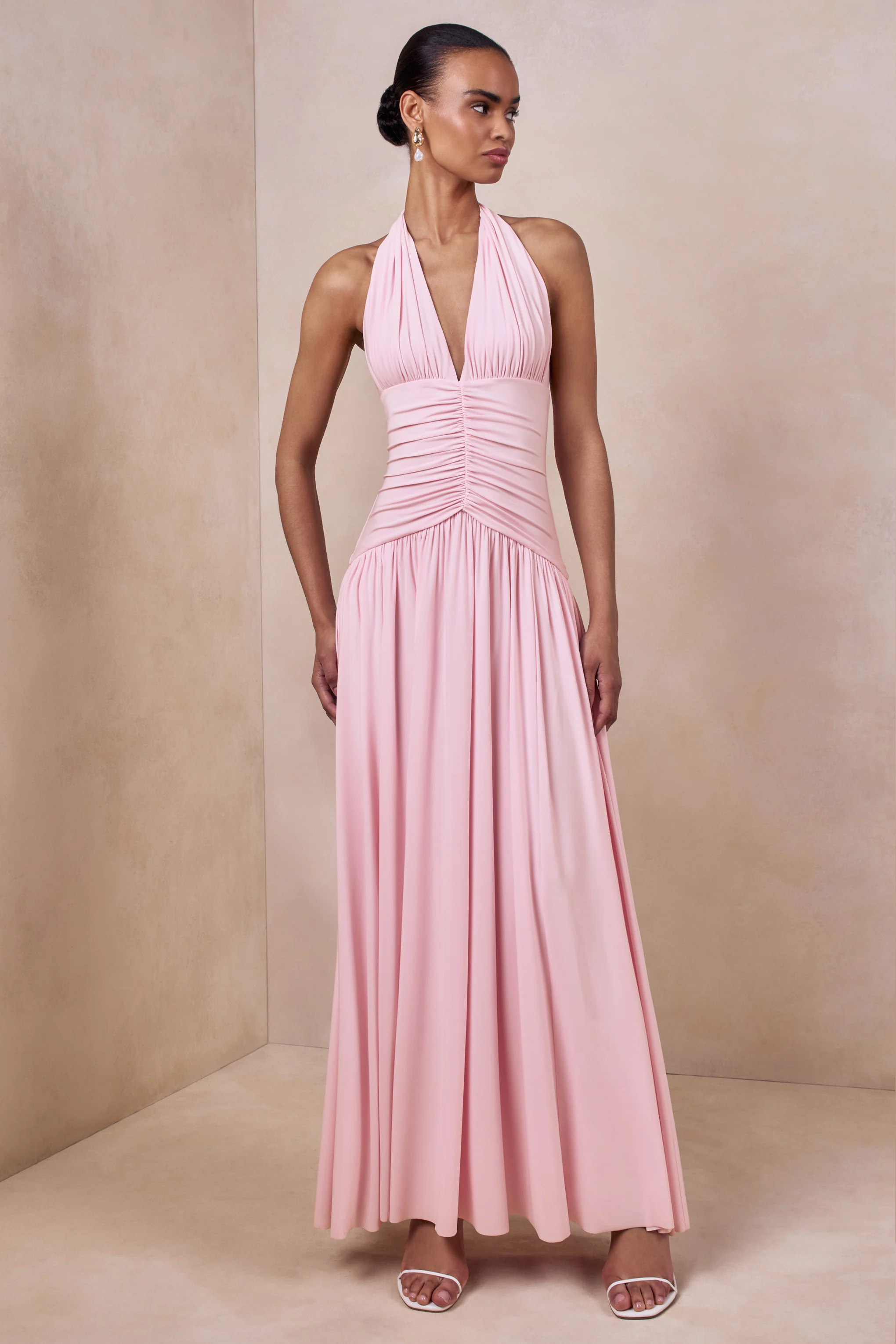 Bettina | Pink Plunge-Neck Maxi Dress With Gathered-Detailing - Image 4