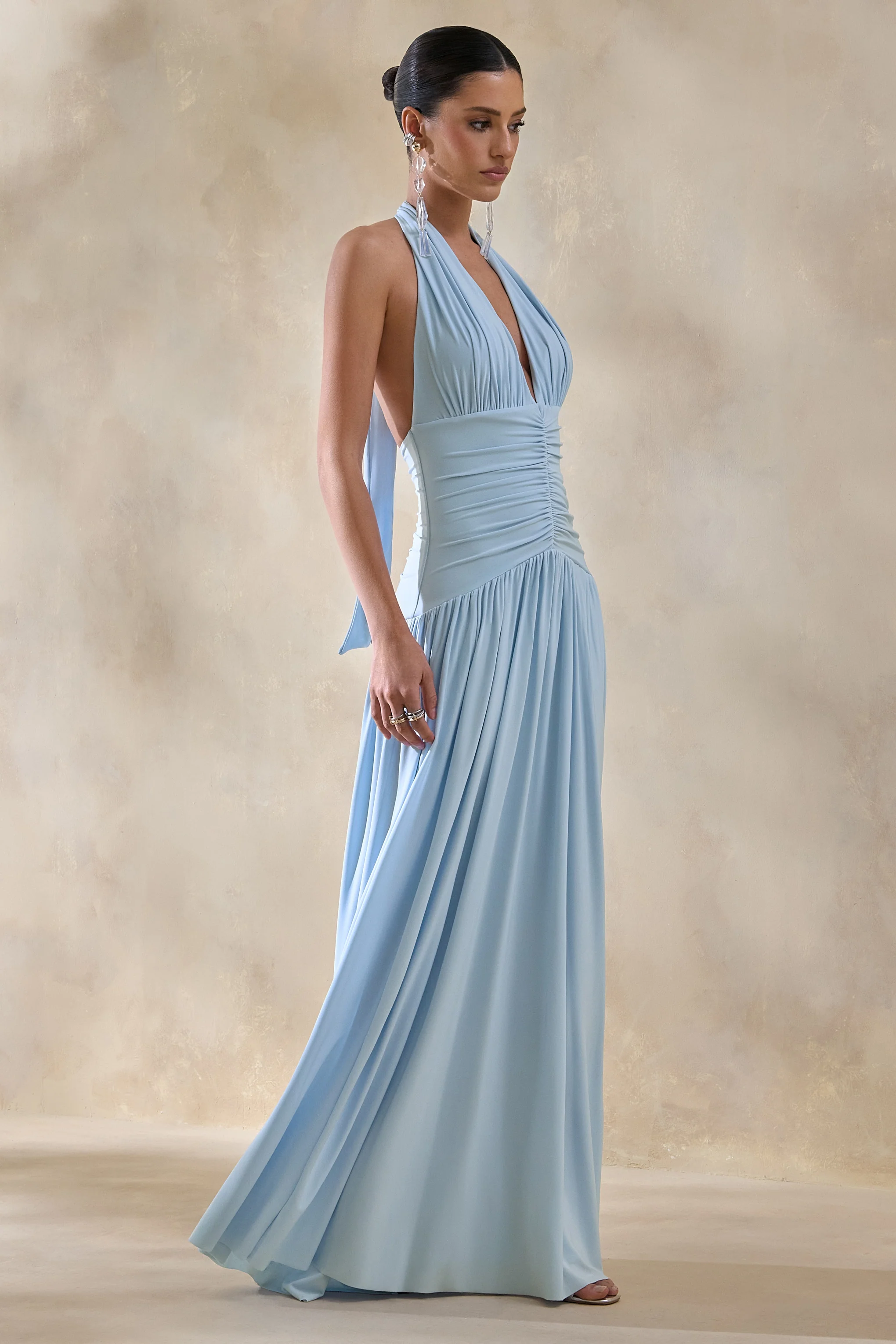 Bettina | Powder-Blue Plunge-Neck Maxi Dress With Gathered-Detailing - Image 4