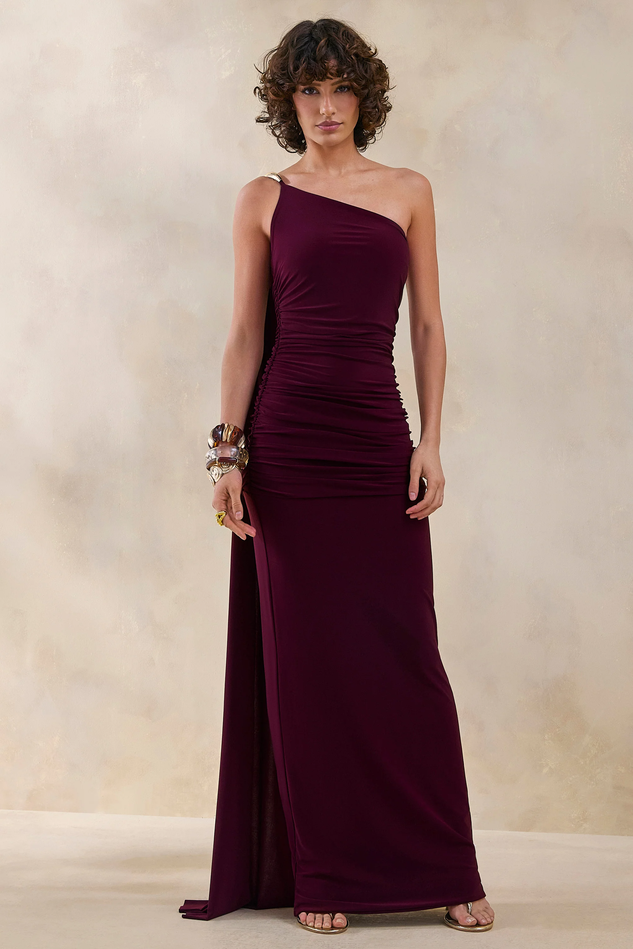 Bettine | Burgundy Asymmetric-Neck Maxi Dress With Cape-Sleeve - Image 5