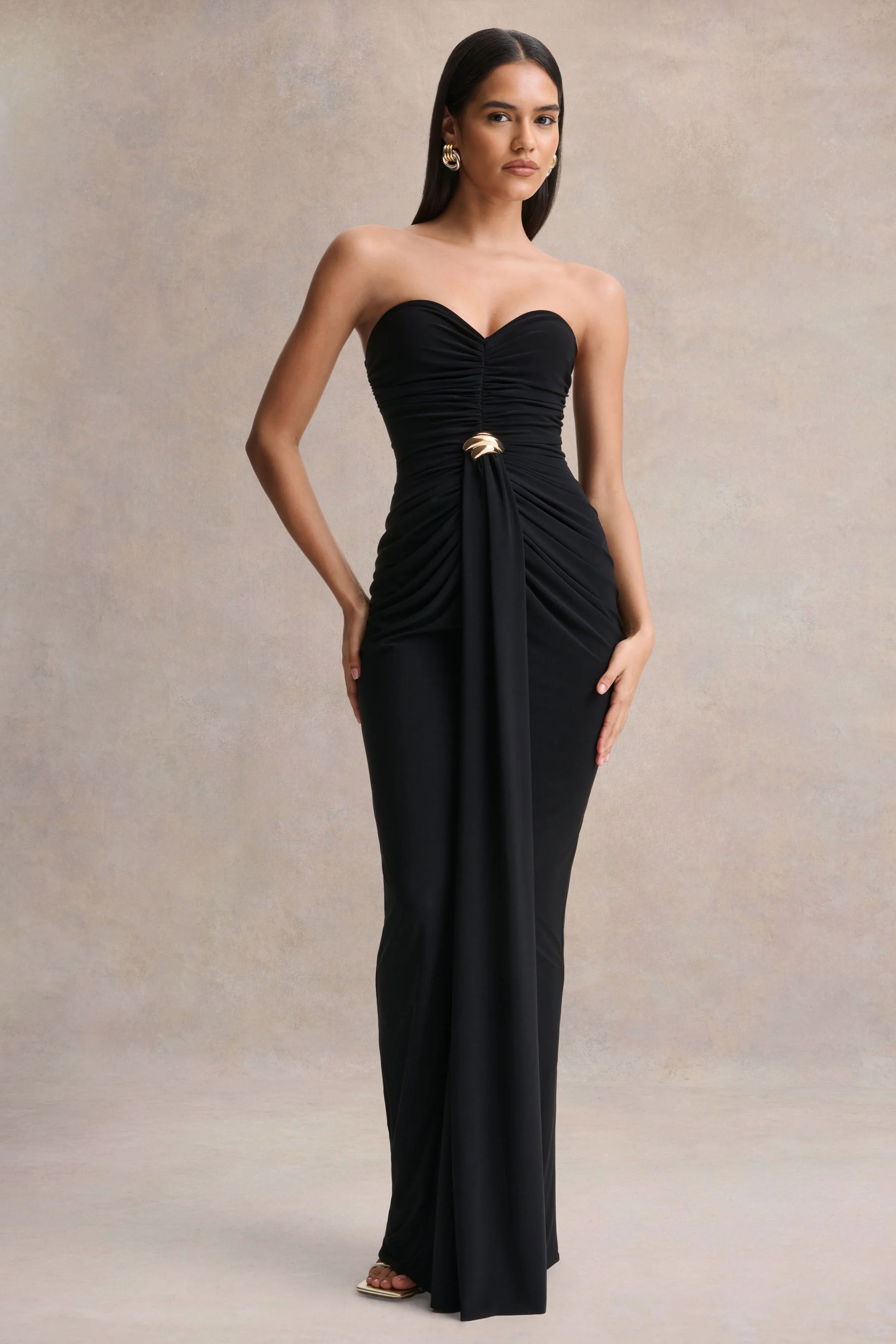 Beverly | Black Bandeau Maxi Dress With Gathered-Detailing - Image 2