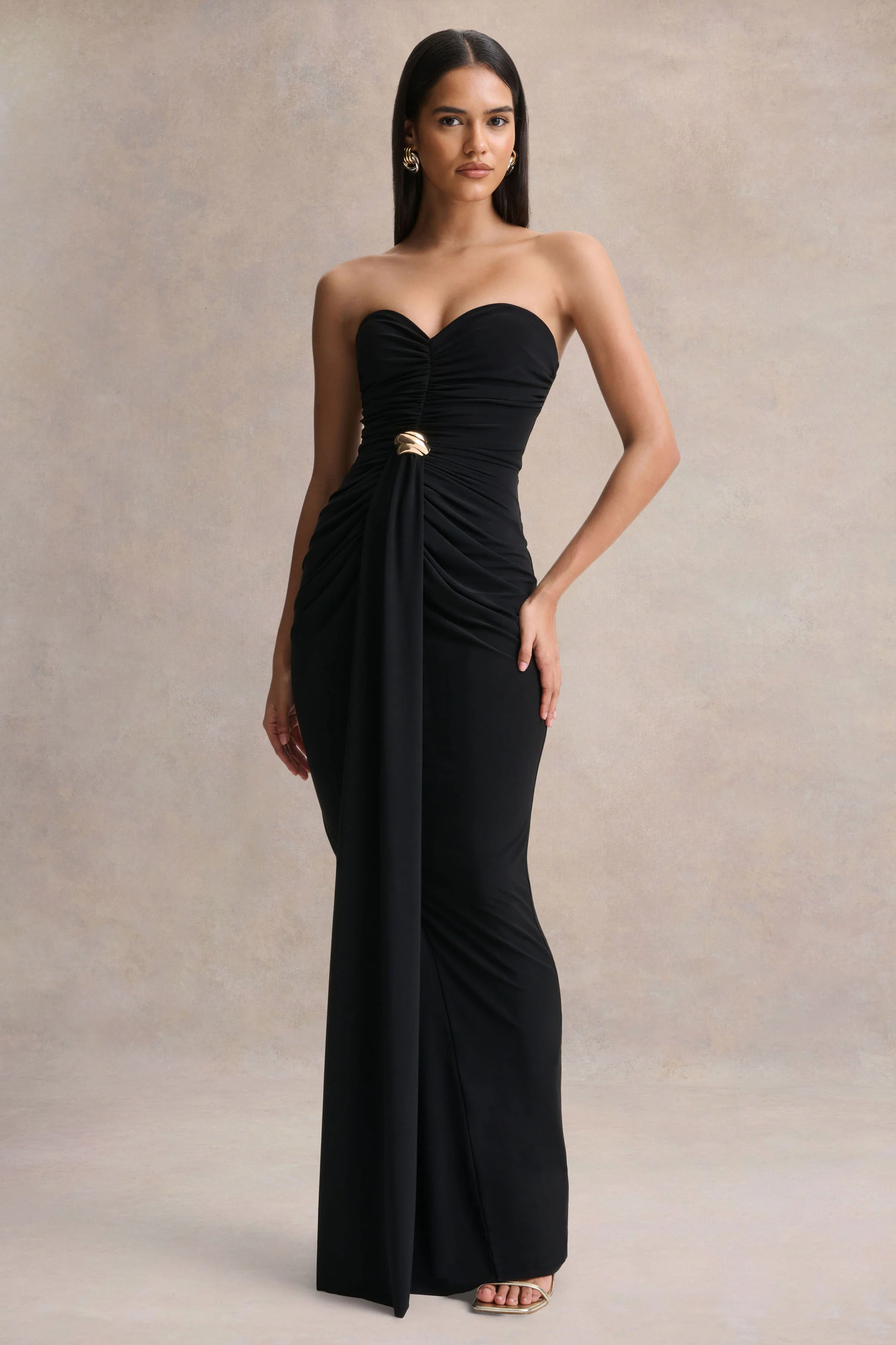 Beverly | Black Bandeau Maxi Dress With Gathered-Detailing - Image 5