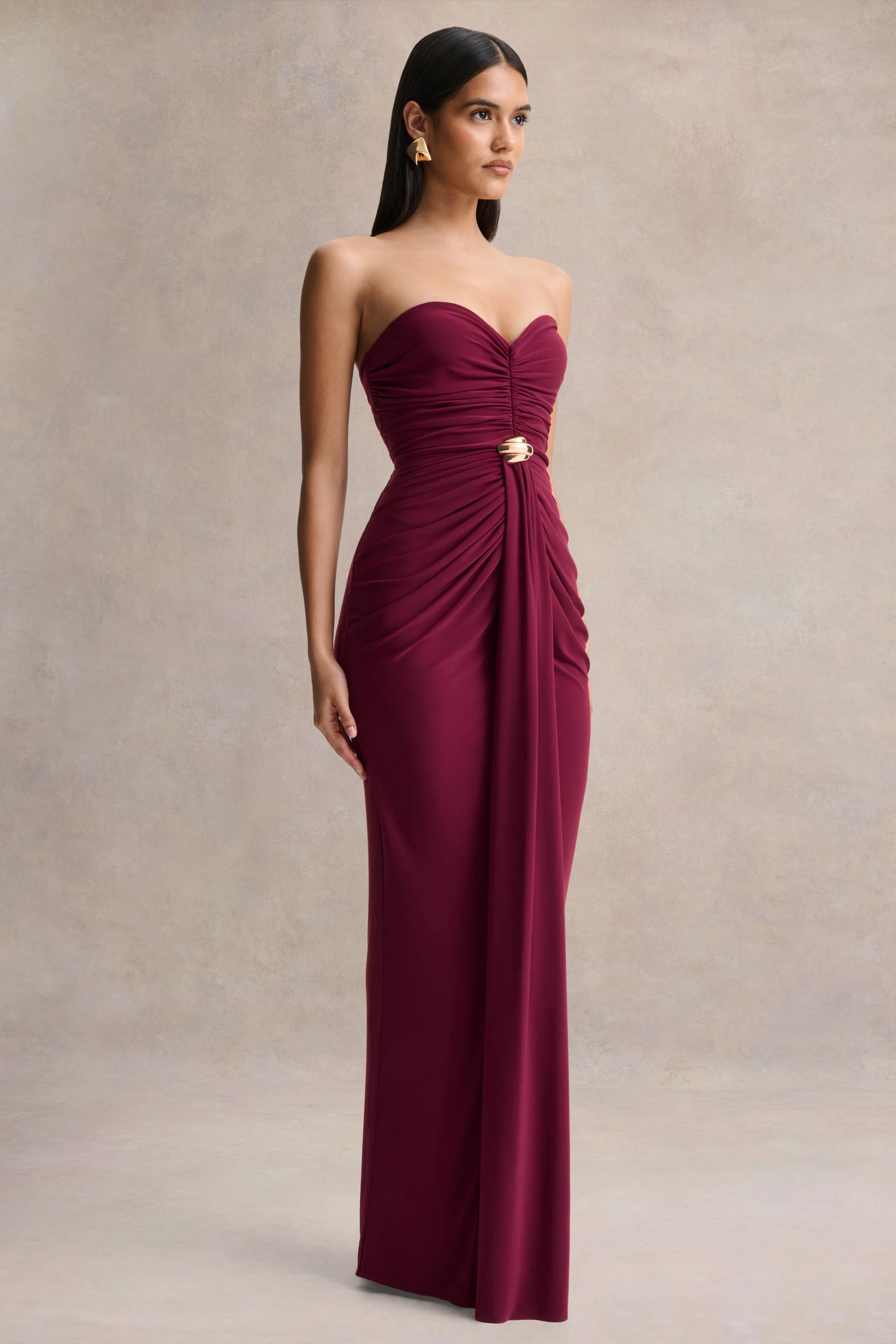 Beverly | Burgundy Bandeau Maxi Dress With Gathered-Detailing - Image 5