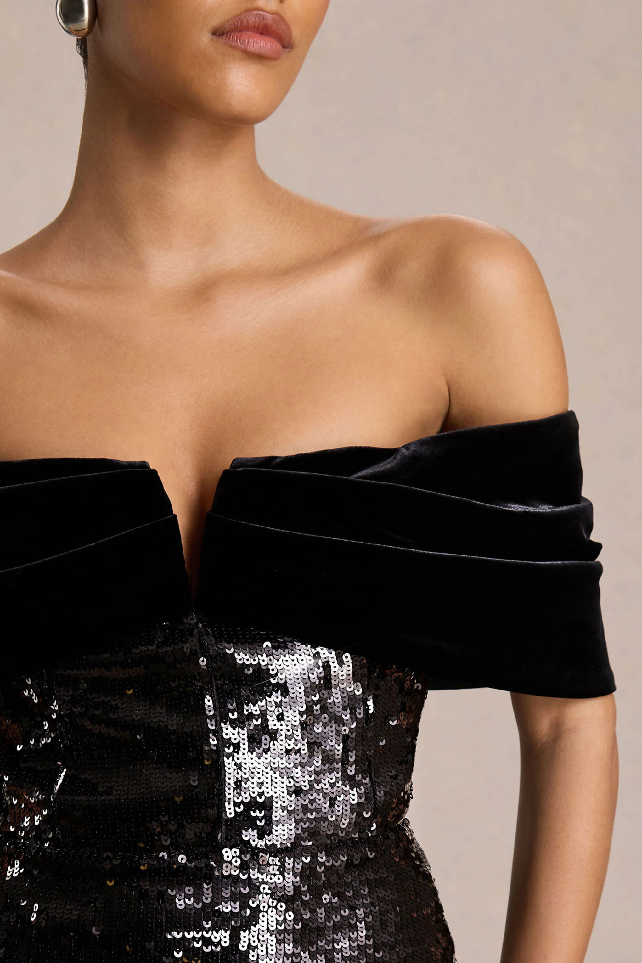 Bex | Black Sequin And Velvet Bardot-Neck Maxi Dress - Image 4