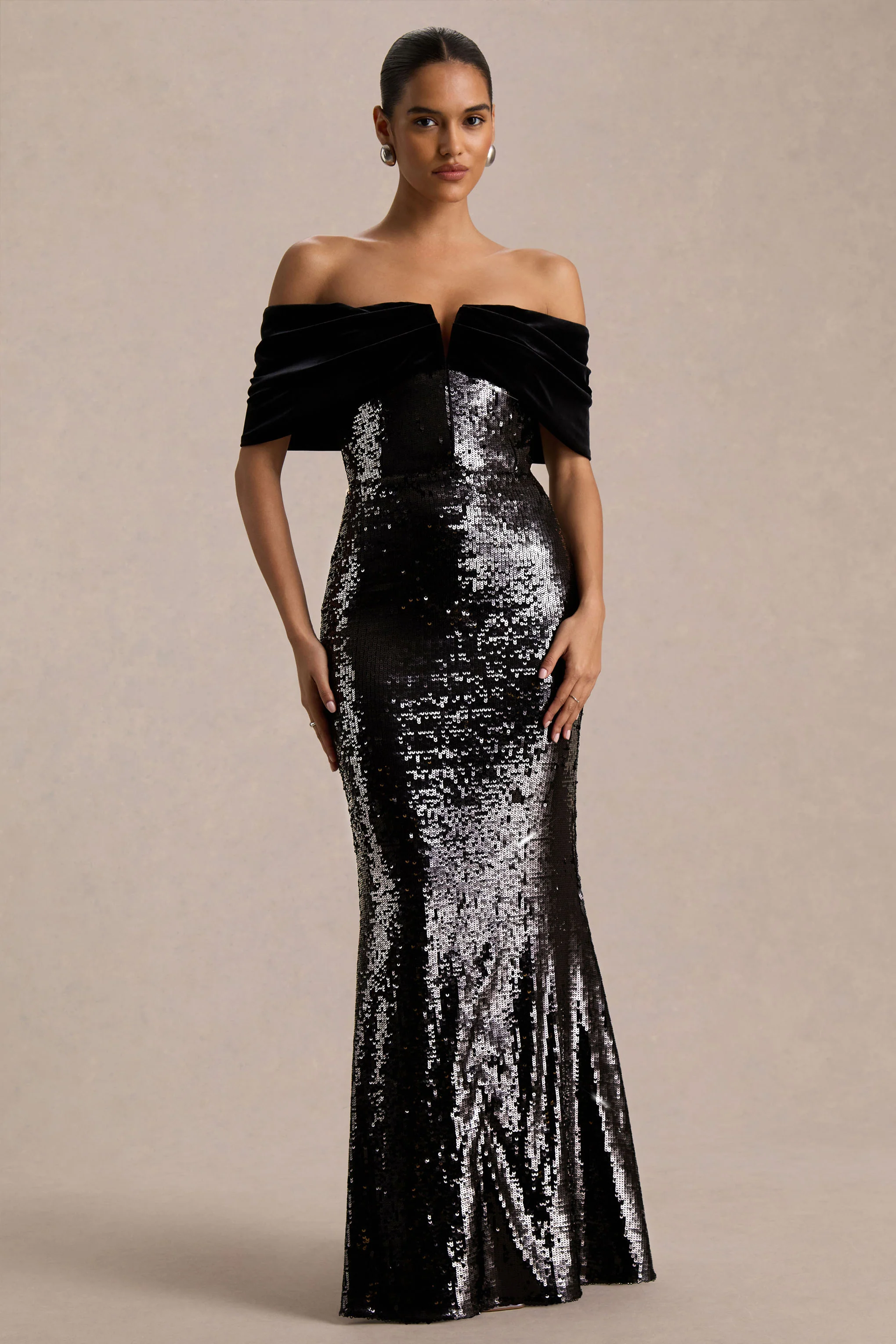 Bex | Black Sequin And Velvet Bardot-Neck Maxi Dress - Image 6