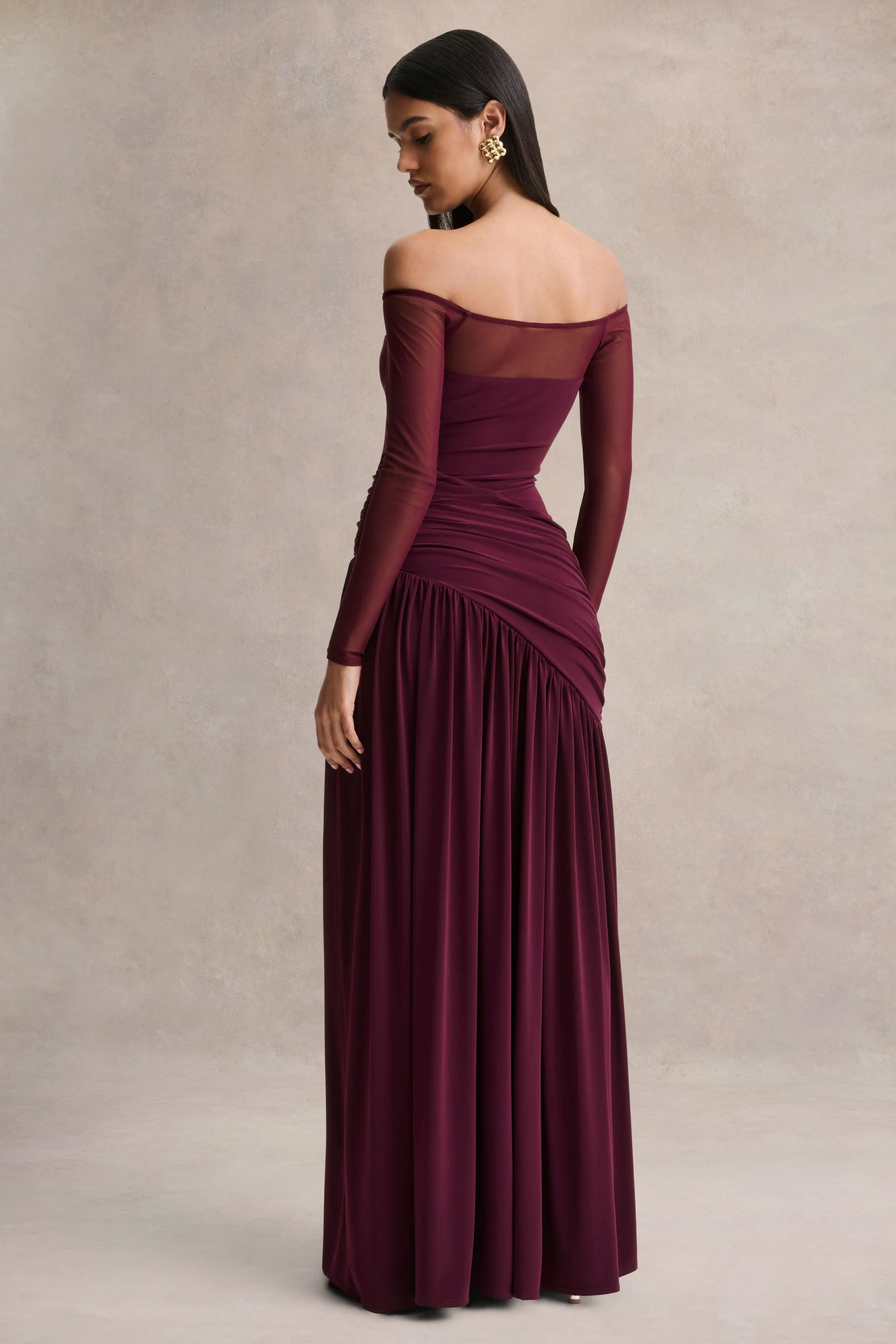 Bexley | Dark Plum Bardot-Neck Maxi Dress With Mesh Sleeves - Image 2