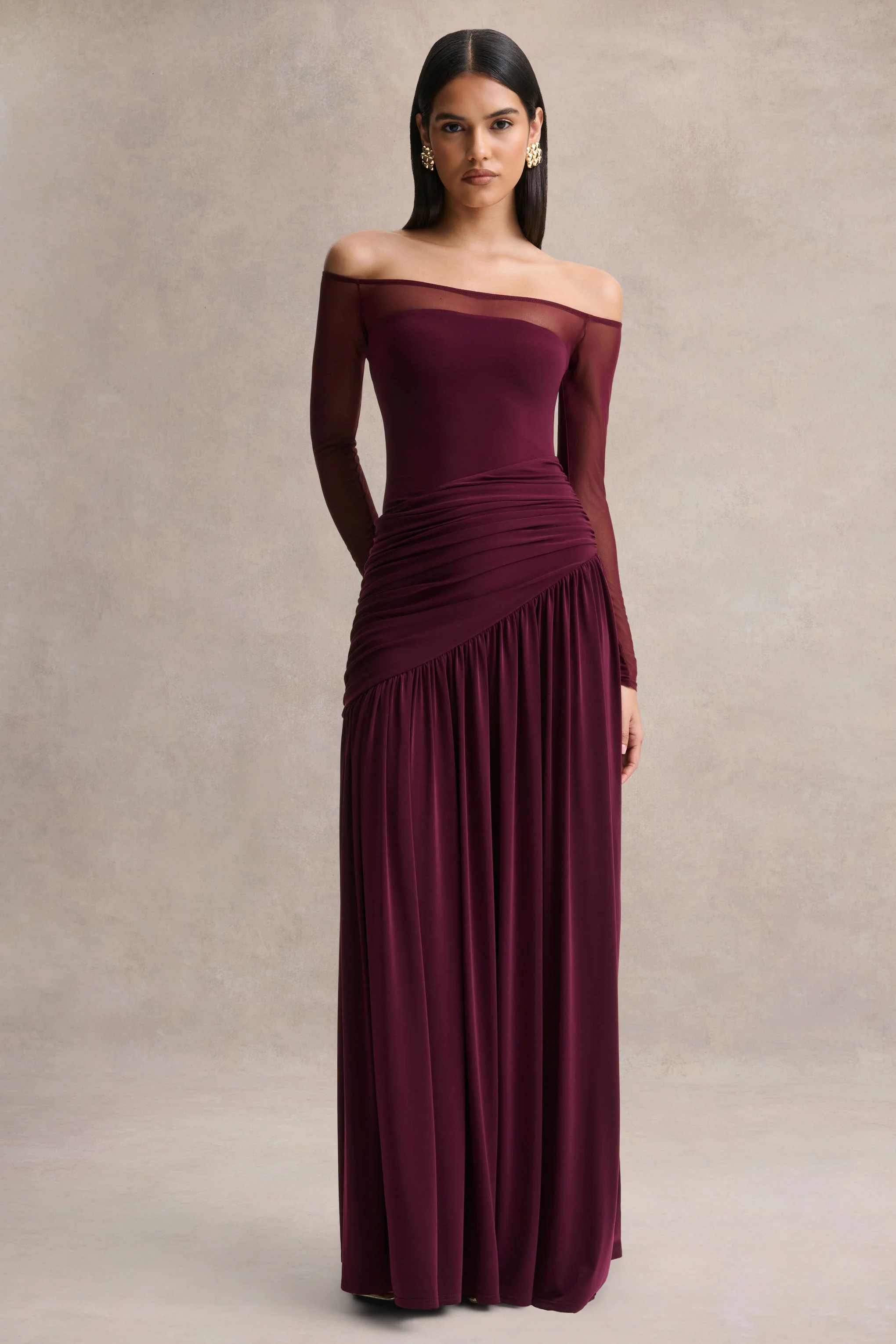 Bexley | Dark Plum Bardot-Neck Maxi Dress With Mesh Sleeves - Image 4