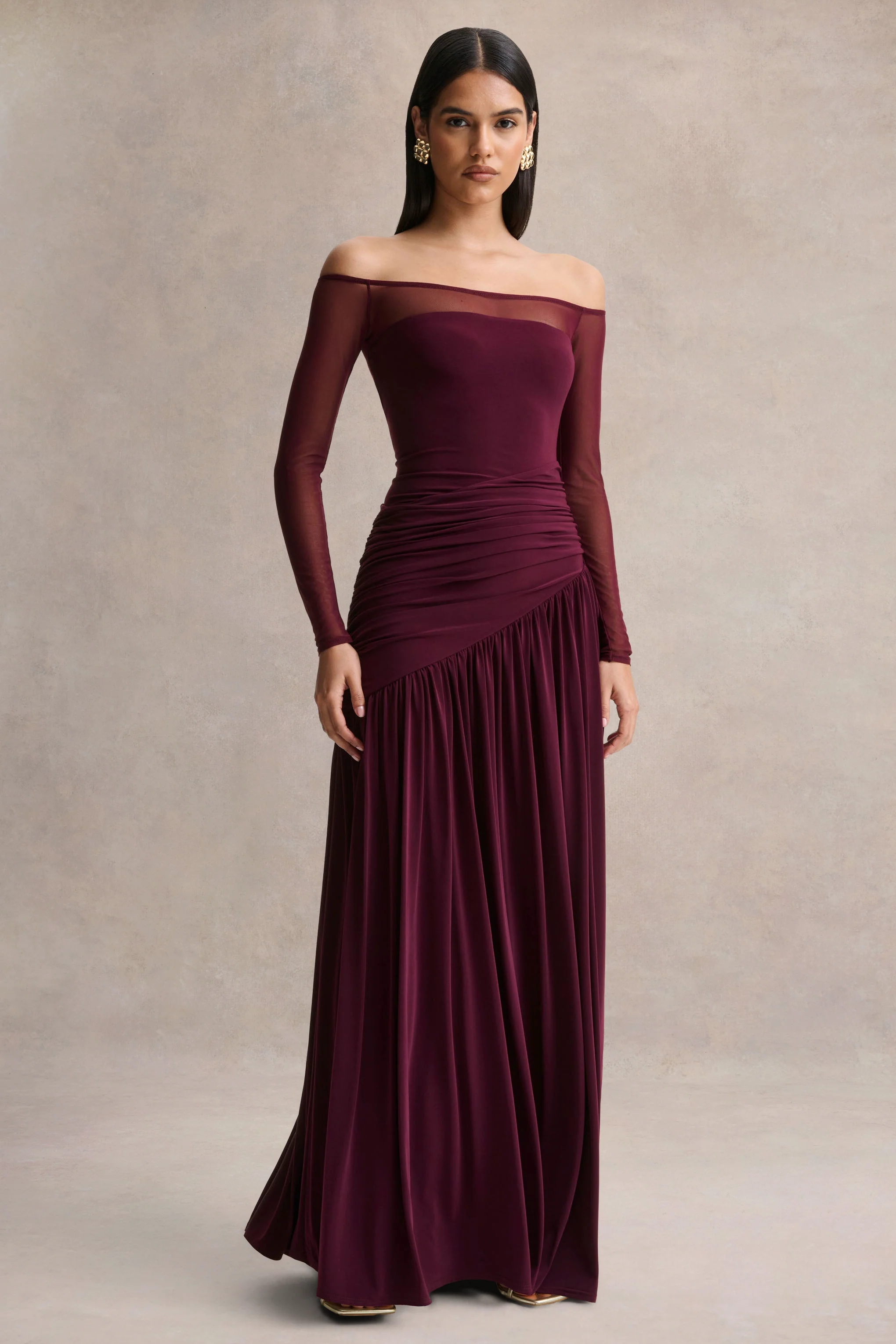 Bexley | Dark Plum Bardot-Neck Maxi Dress With Mesh Sleeves - Image 5