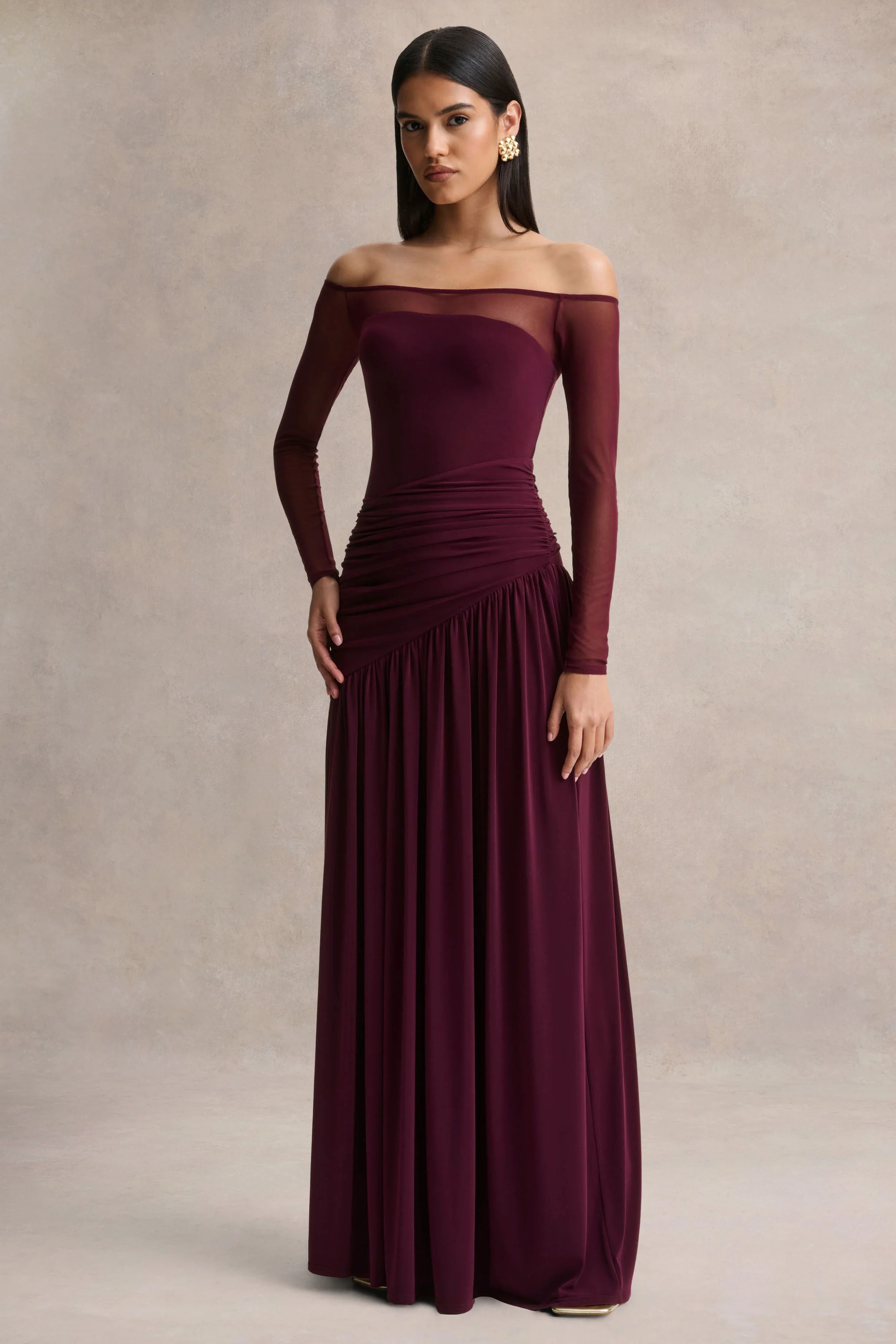Bexley | Dark Plum Bardot-Neck Maxi Dress With Mesh Sleeves - Image 6