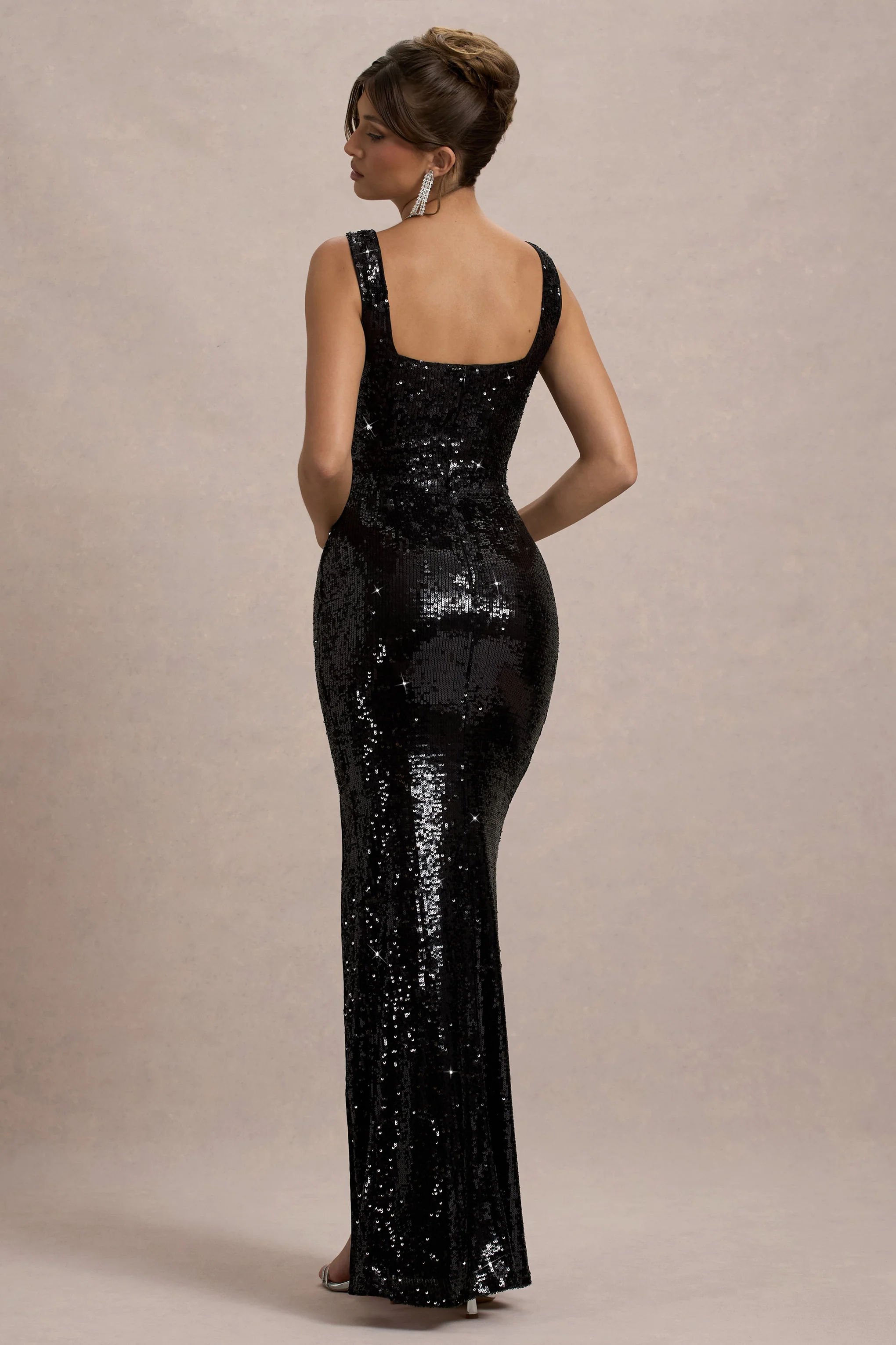 High Life | Black Sequin Square Neck Split Front Maxi Dress - Image 2