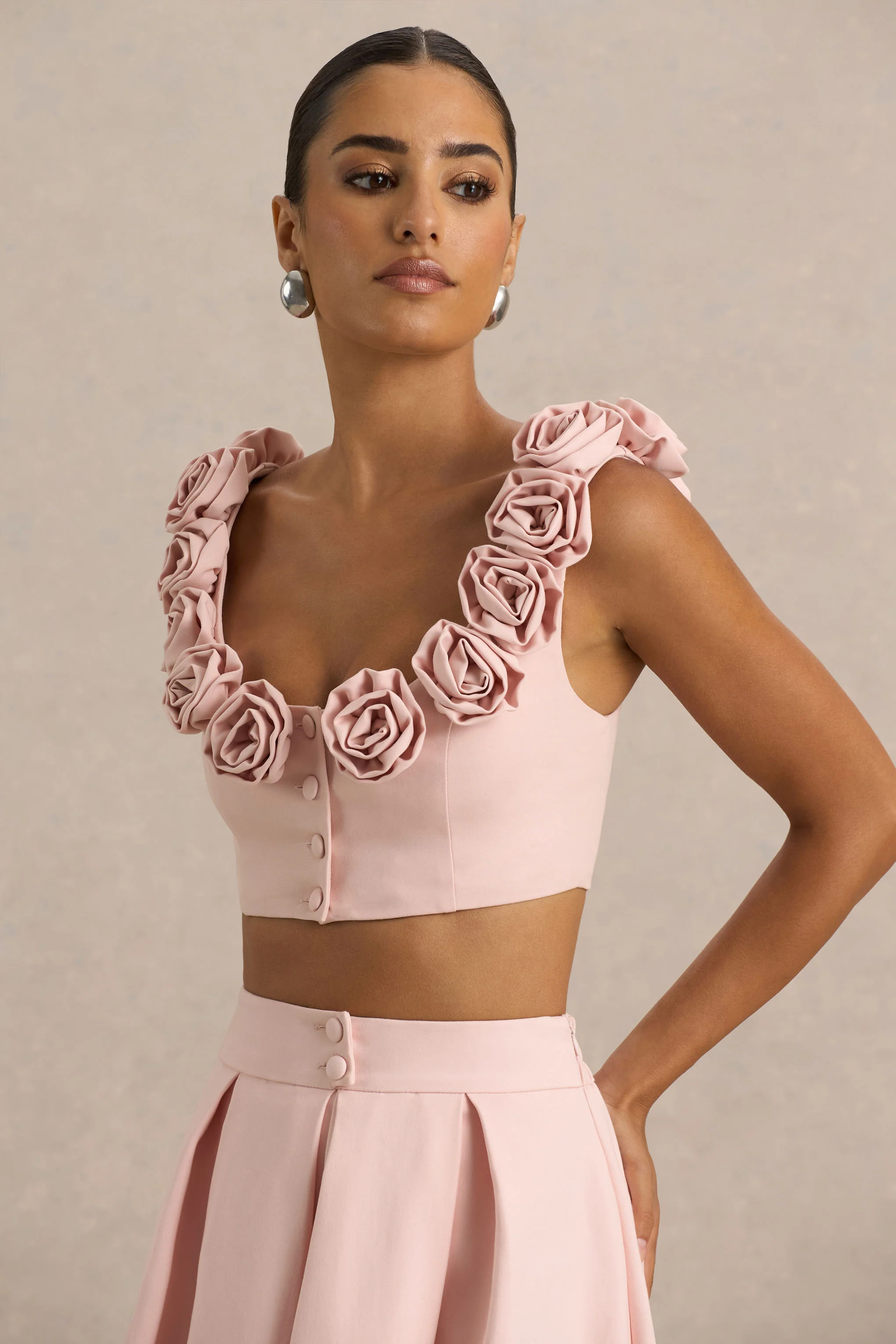 Blade | Baby Pink Scoop-Neck Crop Top With Corsage Details - Image 5