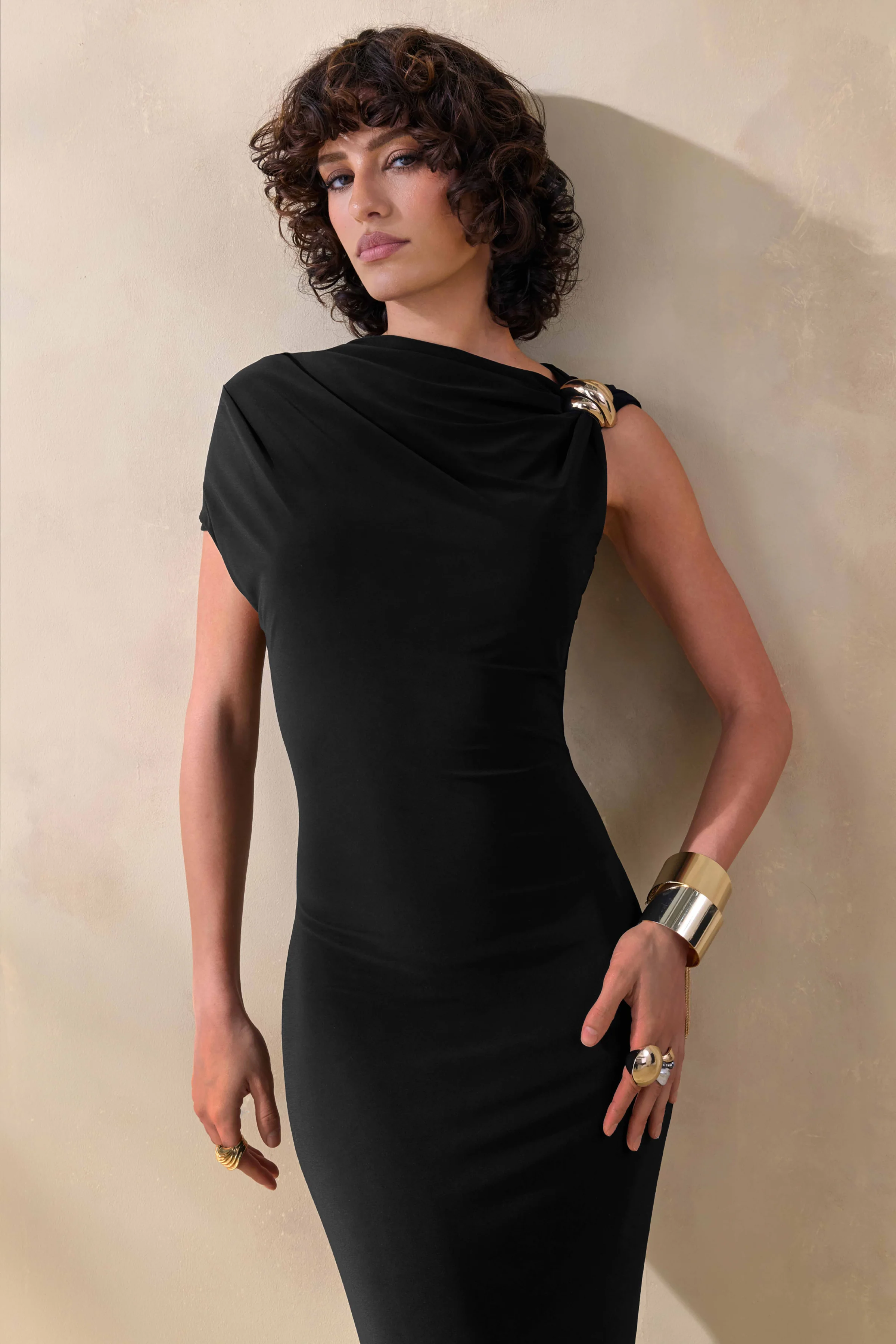 Blaire | Black Asymmetric-Neck Maxi Dress With Gold-Detailing - Image 3