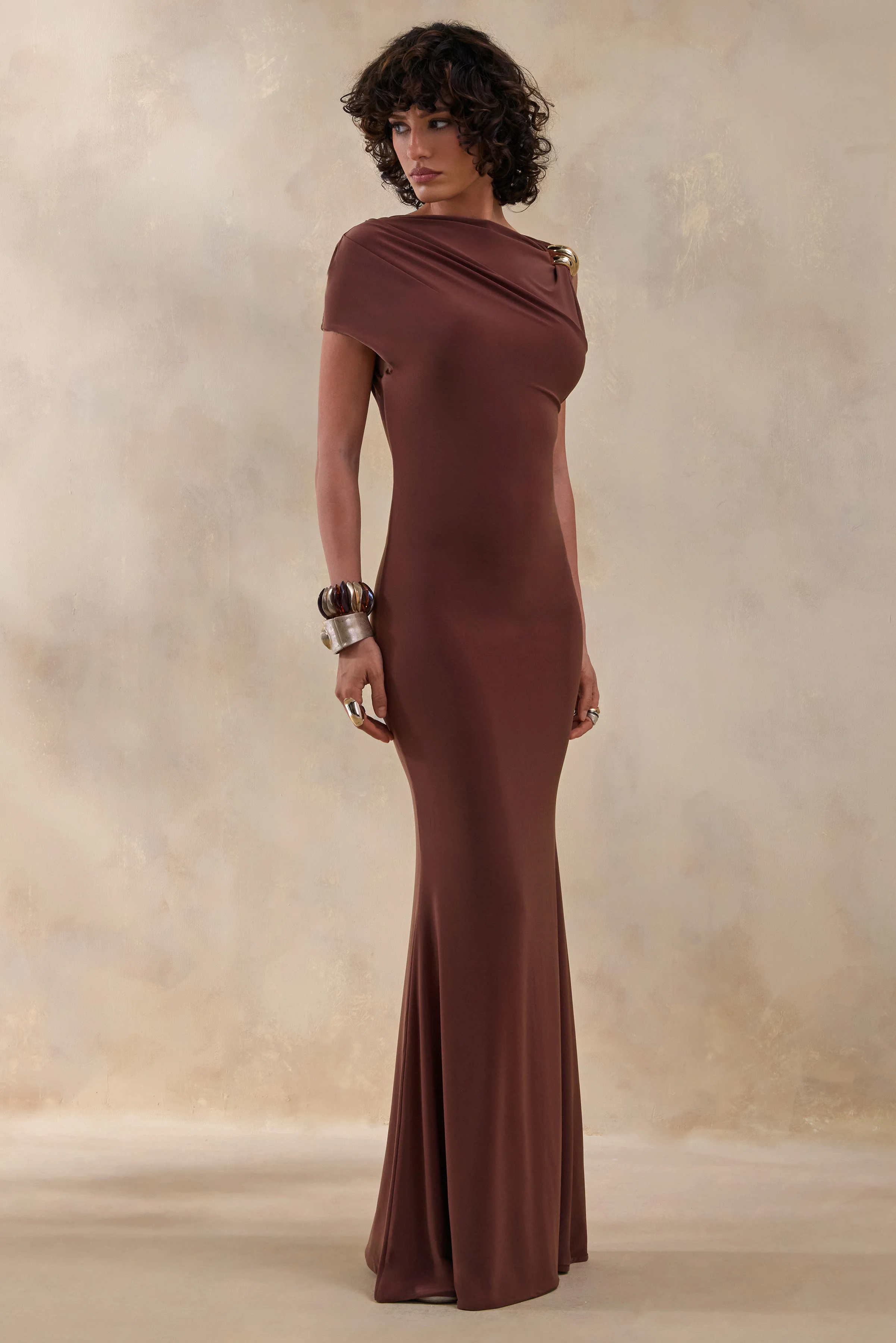 Blaire | Brown Asymmetric-Neck Maxi Dress With Gold-Detailing - Image 4