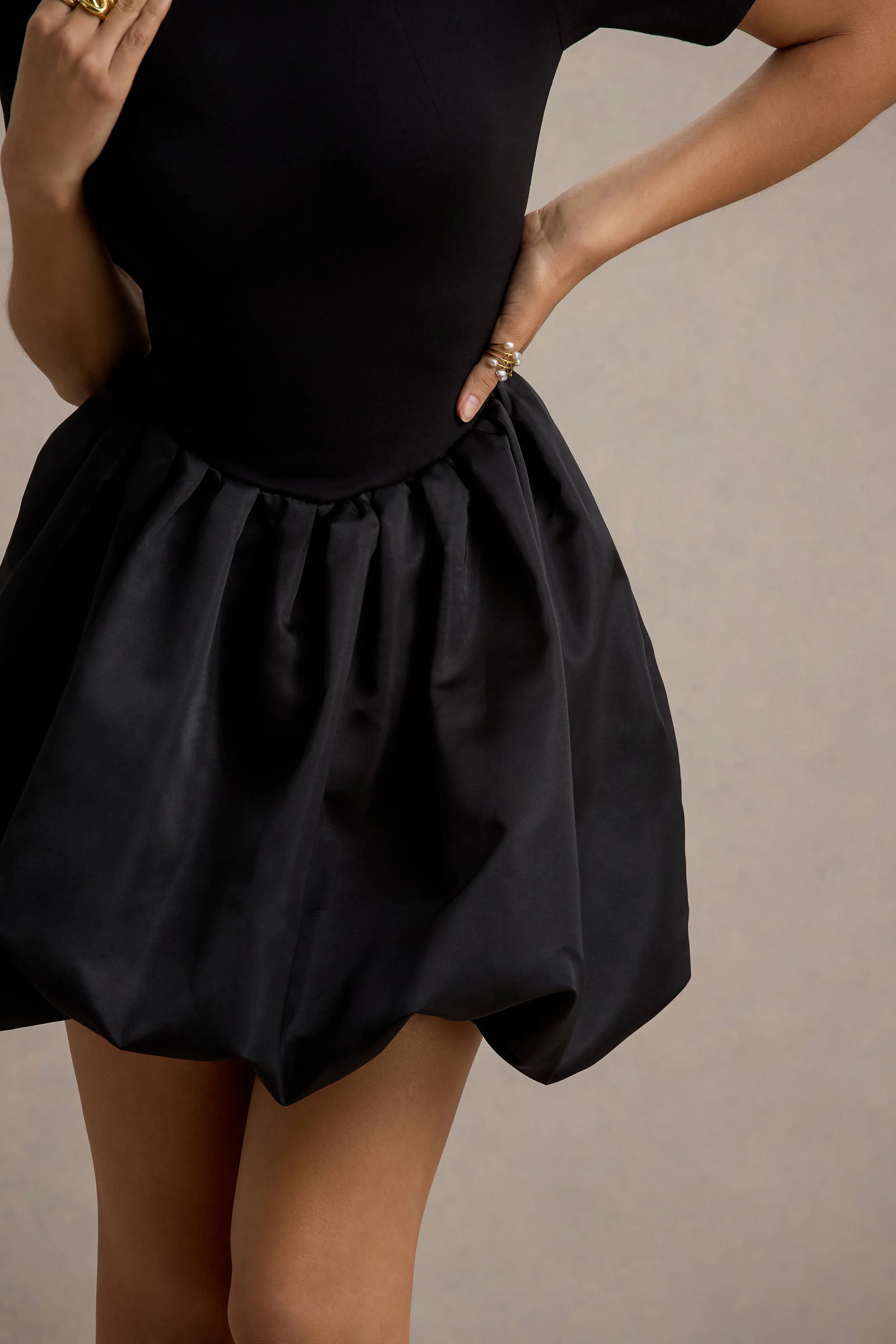 Blake | Black Short-Sleeve Mini Dress With Satin Puffball Skirt - Image 6