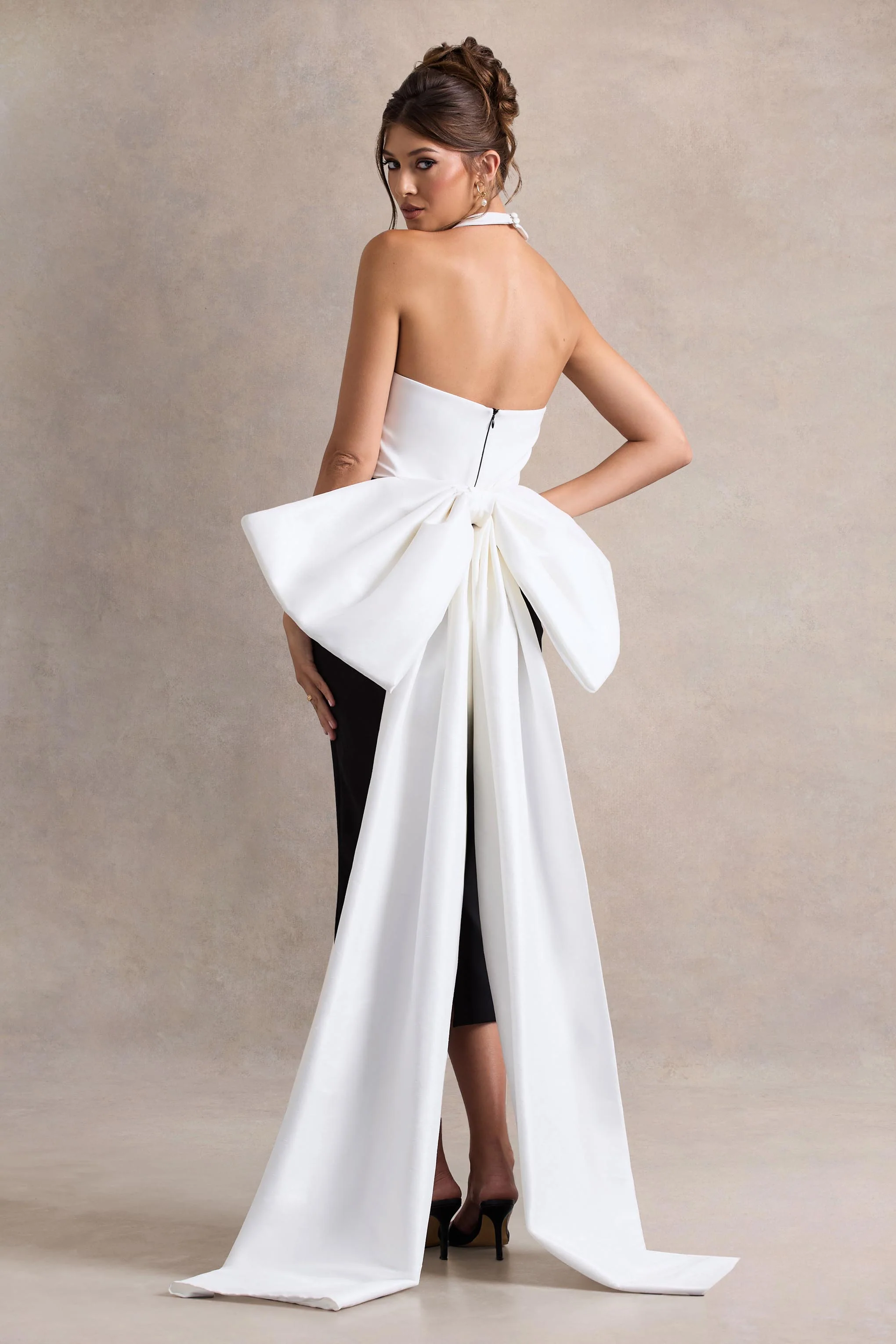 Blanca | Black & White Halter-Neck Cut-Out Midi Dress With Oversized Bow - Image 3