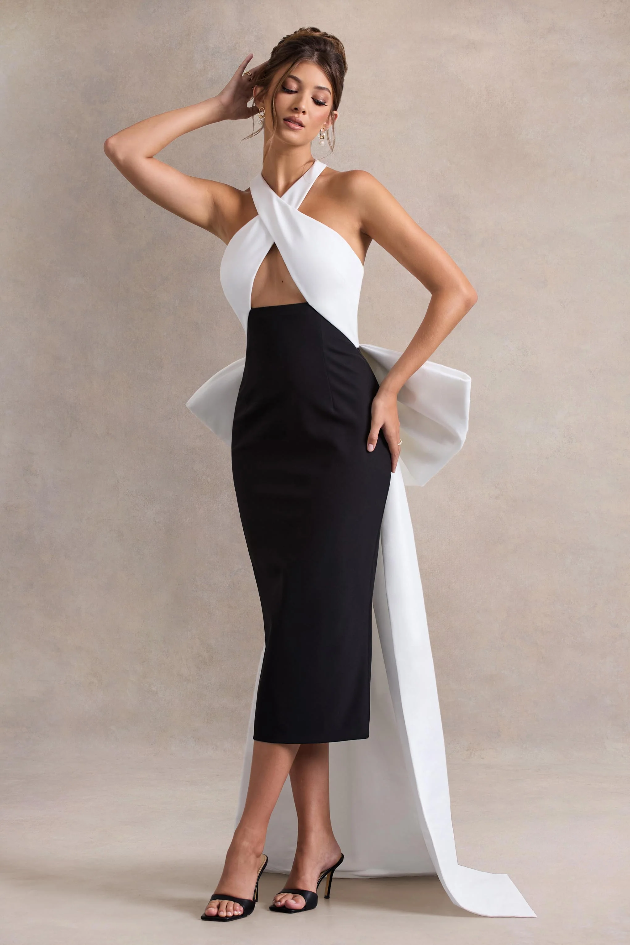 Blanca | Black & White Halter-Neck Cut-Out Midi Dress With Oversized Bow - Image 6