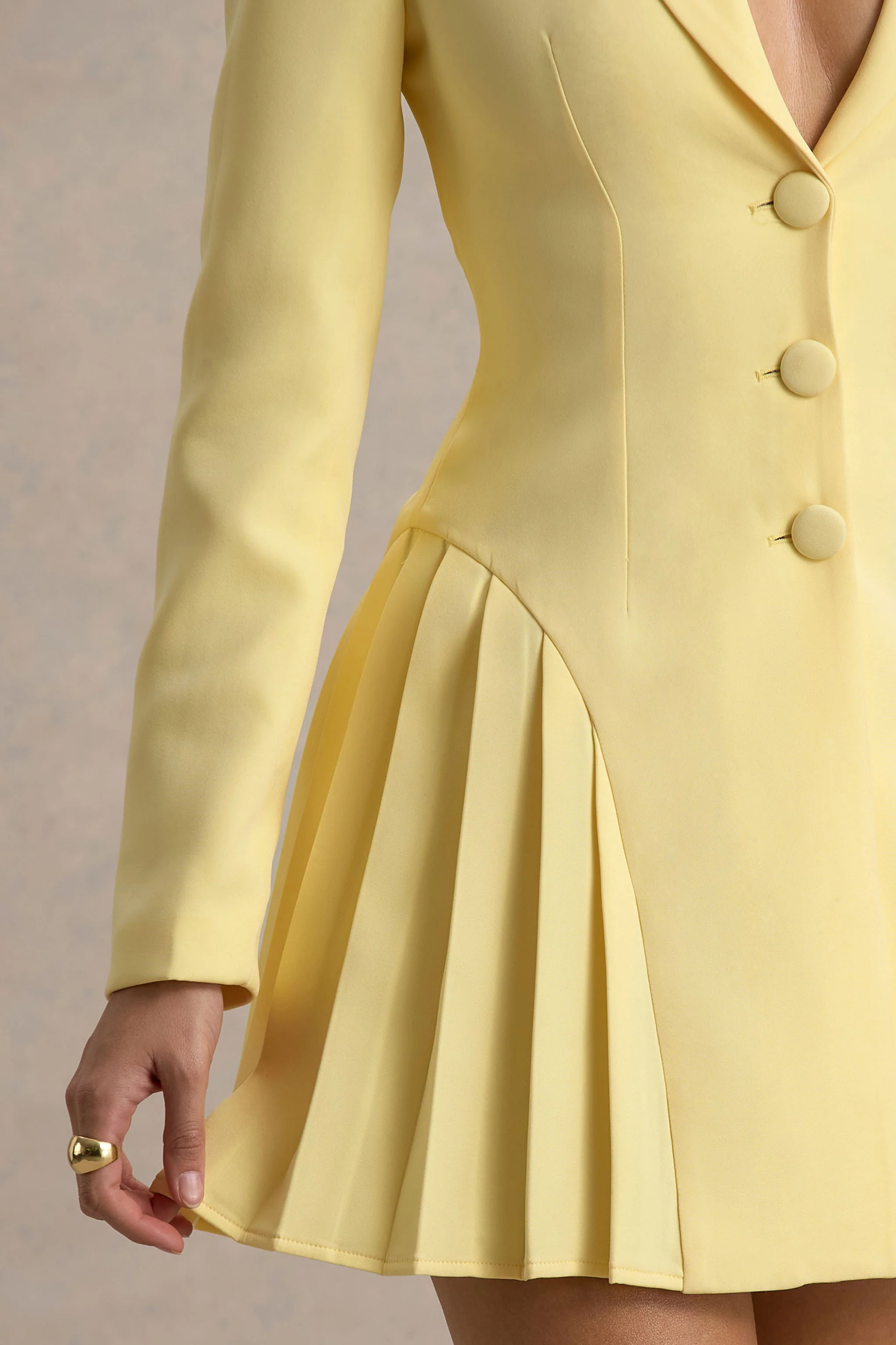 Blossoming | Lemon Plunge-Neck Tailored Mini Dress With Pleating - Image 6
