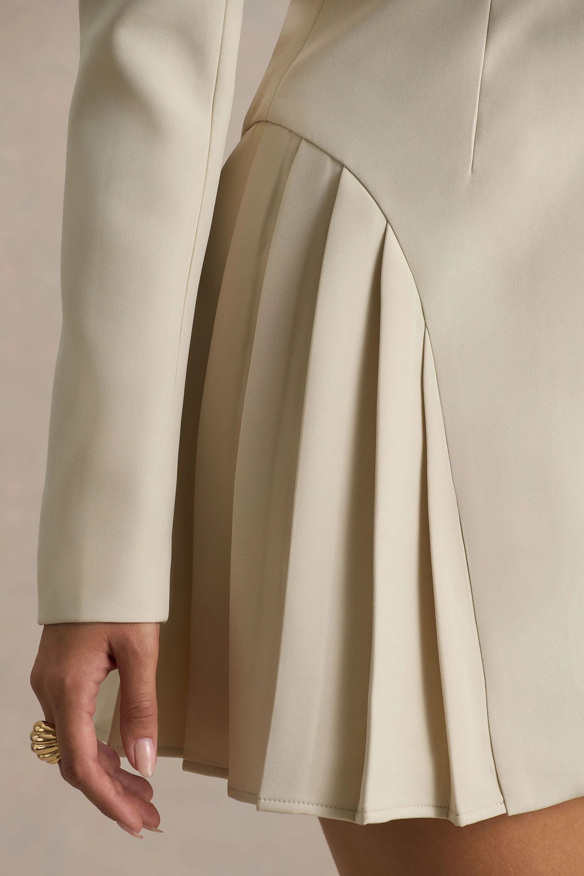Blossoming | Nude Plunge-Neck Tailored Mini Dress With Pleating - Image 6