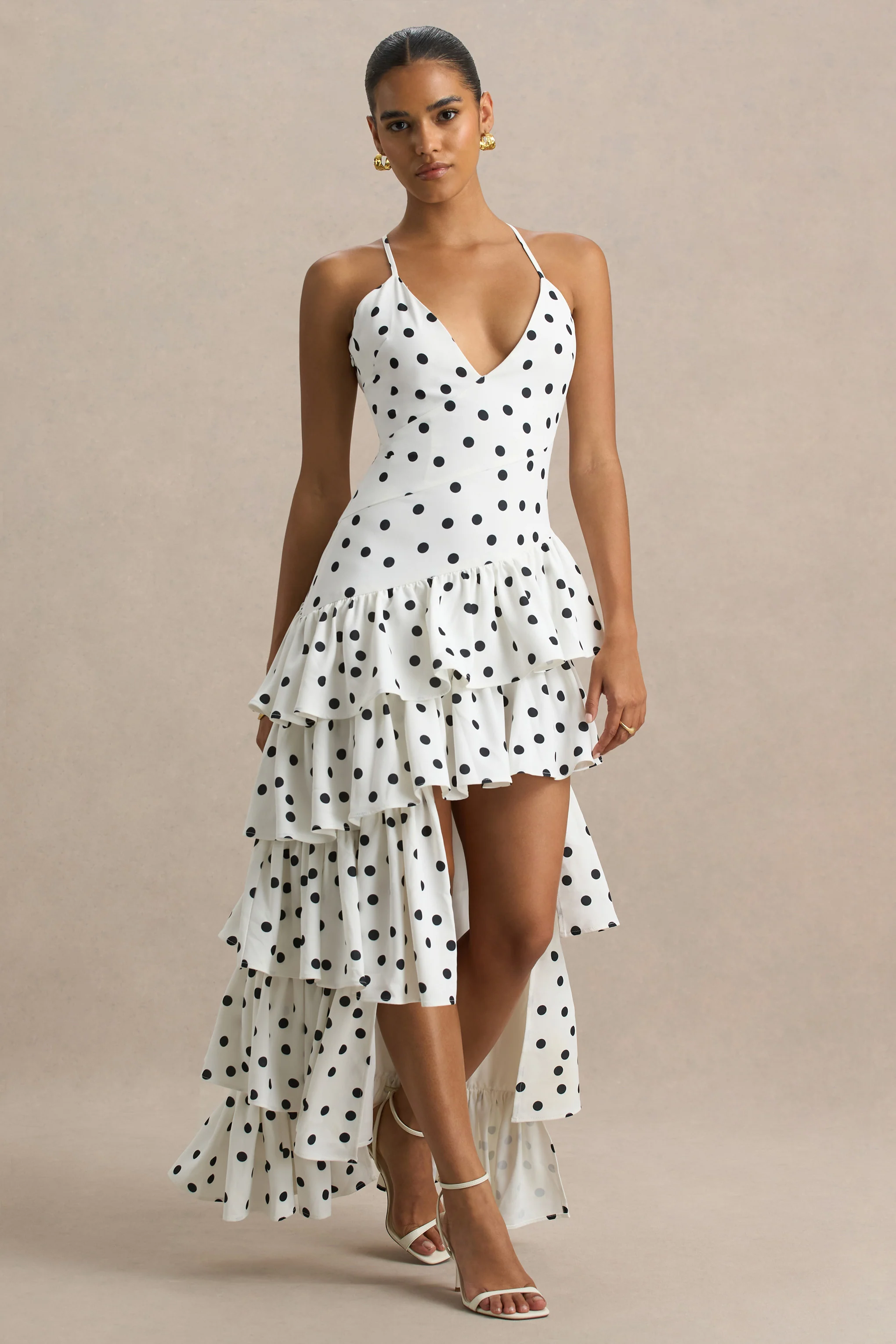 Bogota | Polka Dot Plunge-Neck Maxi Dress With Ruffling Details And Front High Split - Image 5