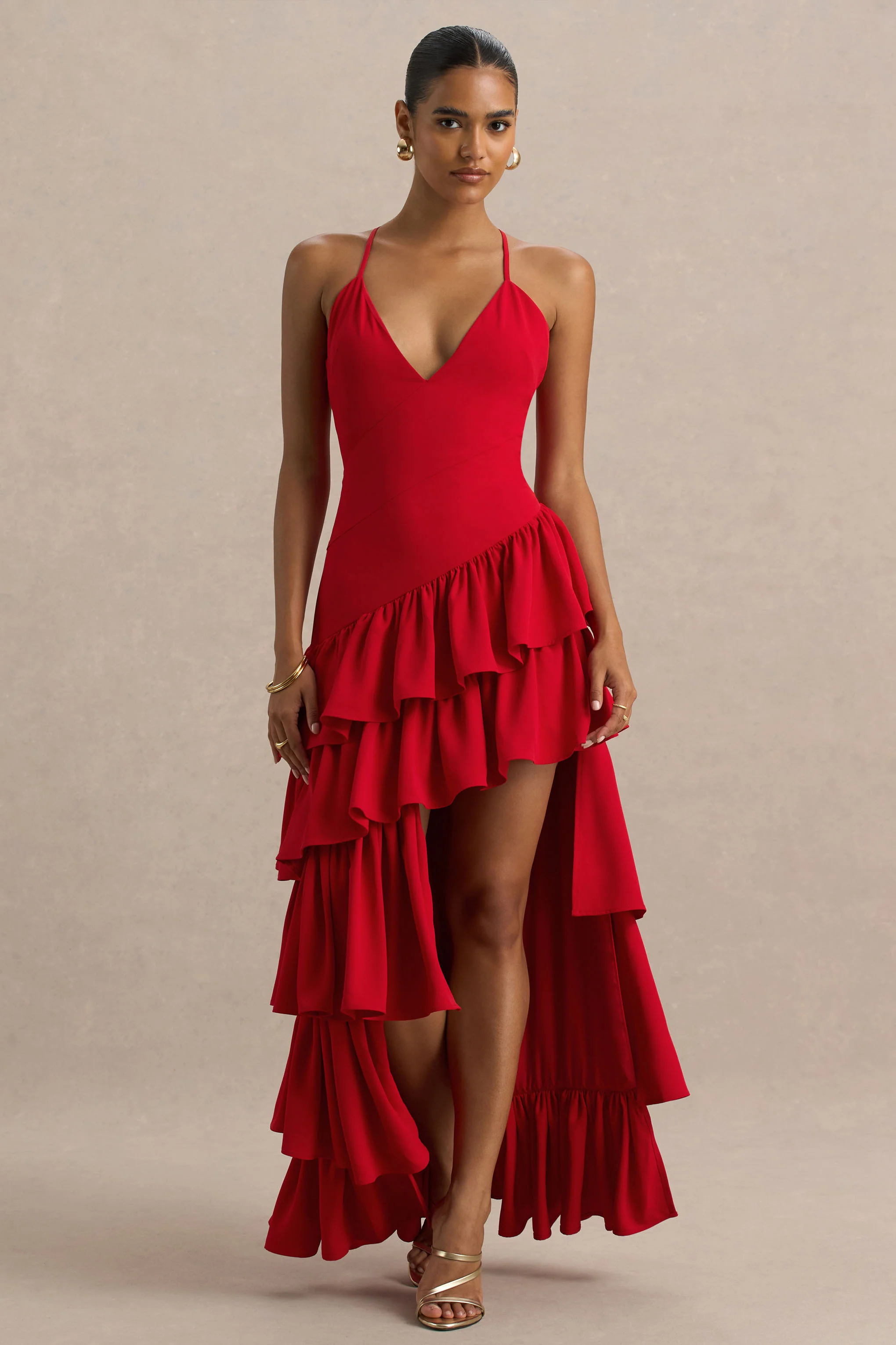 Bogota | Red Plunge-Neck Maxi Dress With Ruffling Details And Front High Split - Image 2