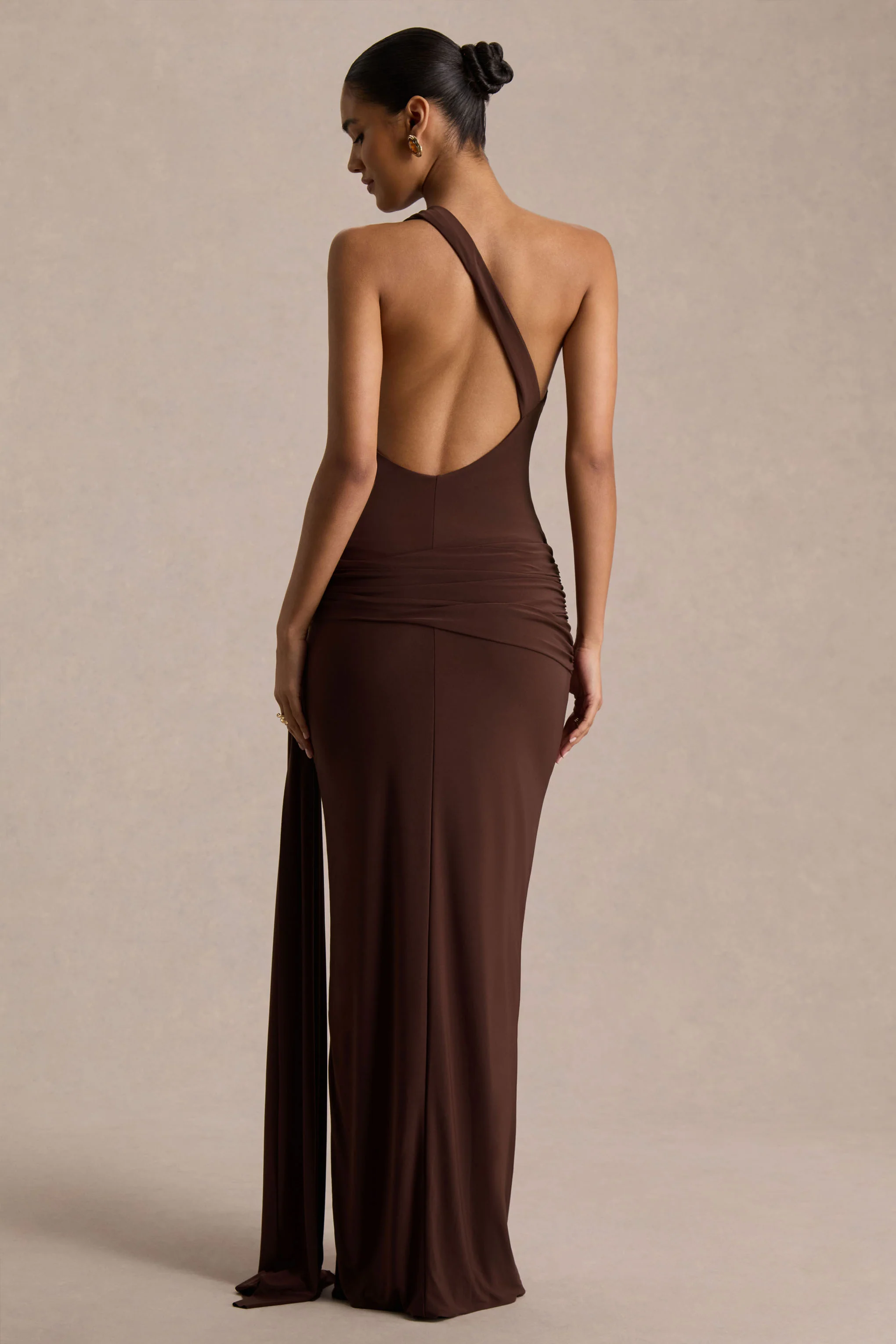 Bonnie | Brown Asymmetric-Neck Maxi Dress With Open-Back - Image 2