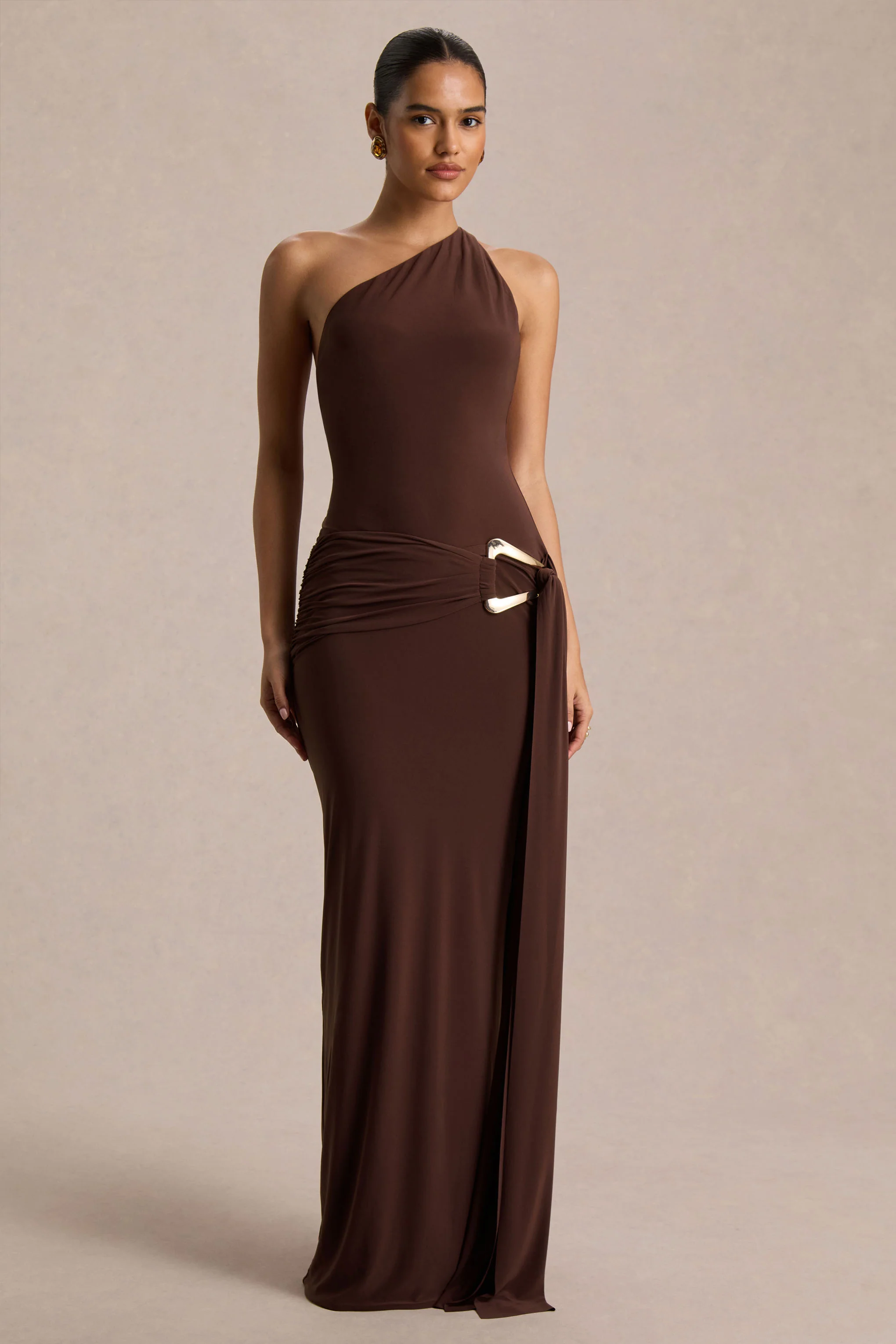 Bonnie | Brown Asymmetric-Neck Maxi Dress With Open-Back - Image 4