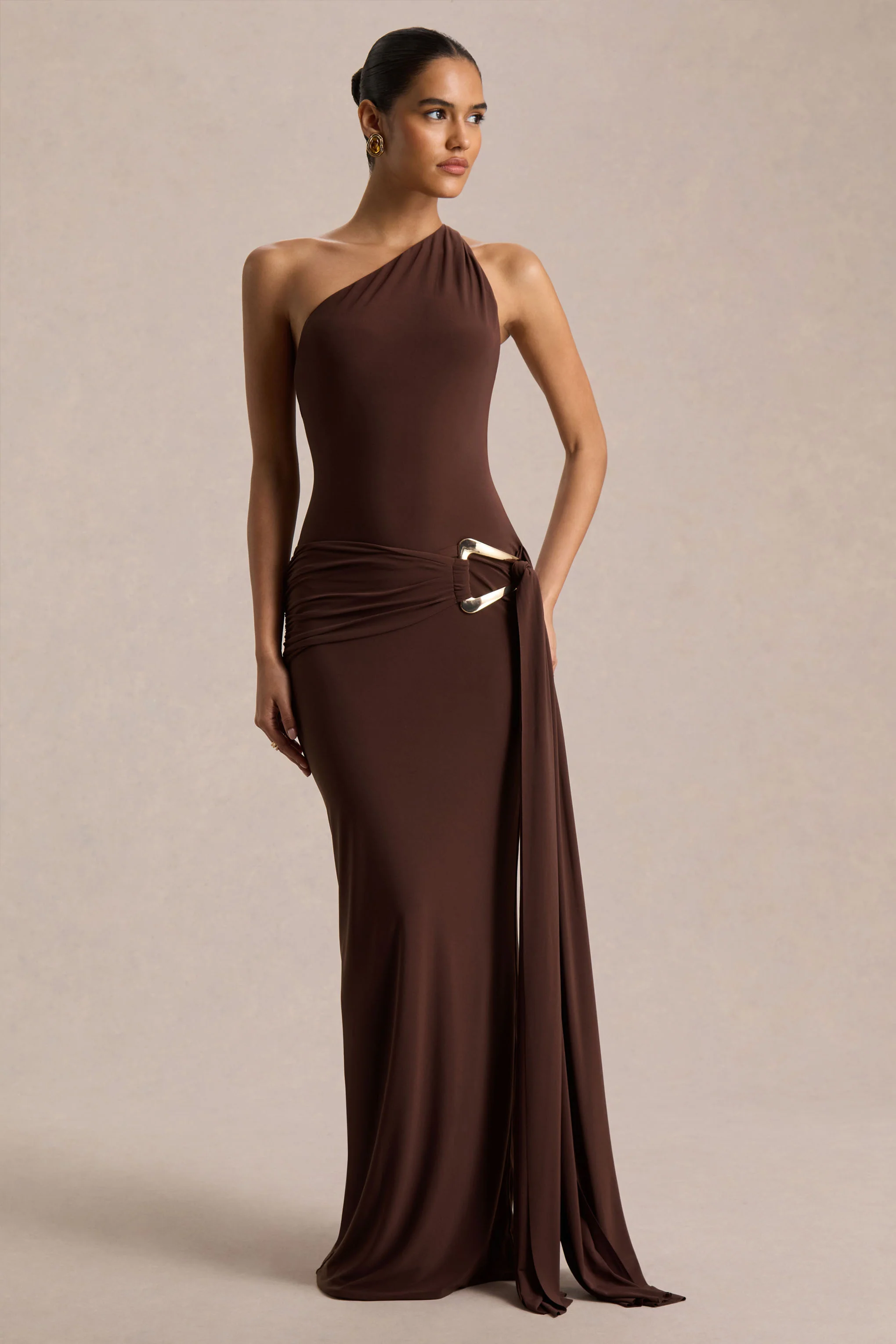 Bonnie | Brown Asymmetric-Neck Maxi Dress With Open-Back - Image 5