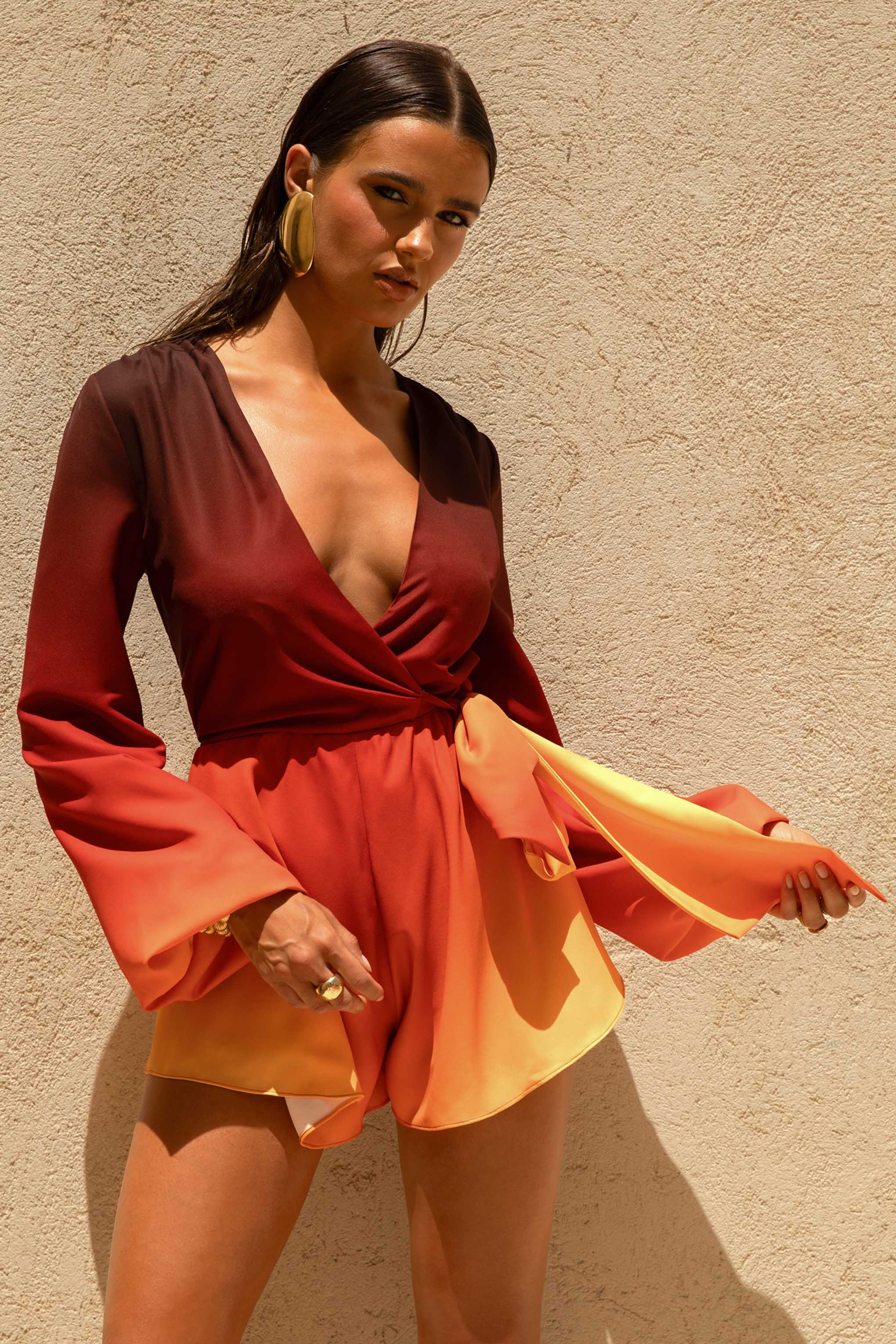 Boss | Ombre Playsuit with Plunge Neckline and Bow Detail - Image 5