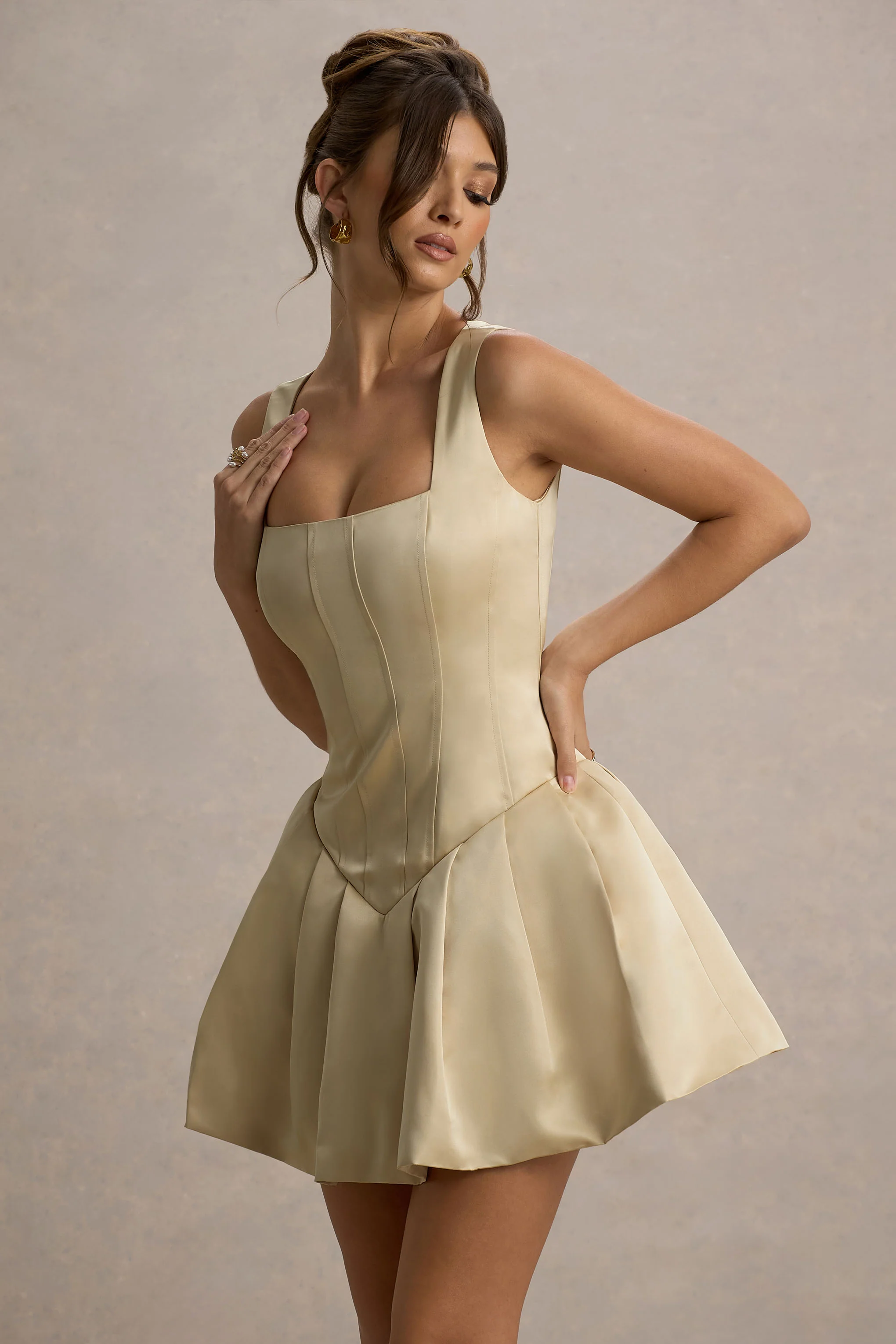 Bramble | Ivory Satin Square-Neck Puffball Mini Dress - Image 3