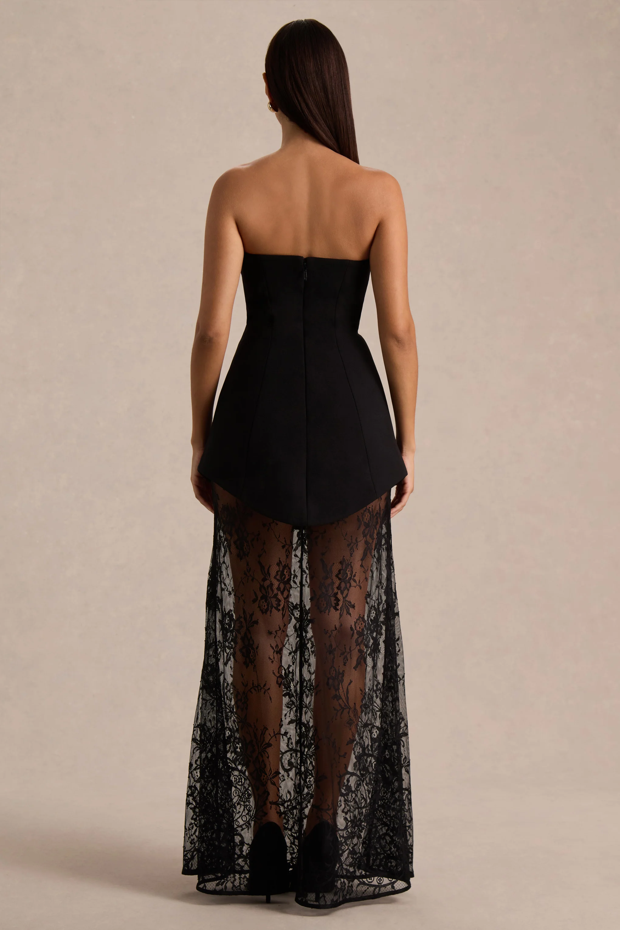 Brandi | Black Bandeau Maxi Dress With Lace Skirt - Image 2