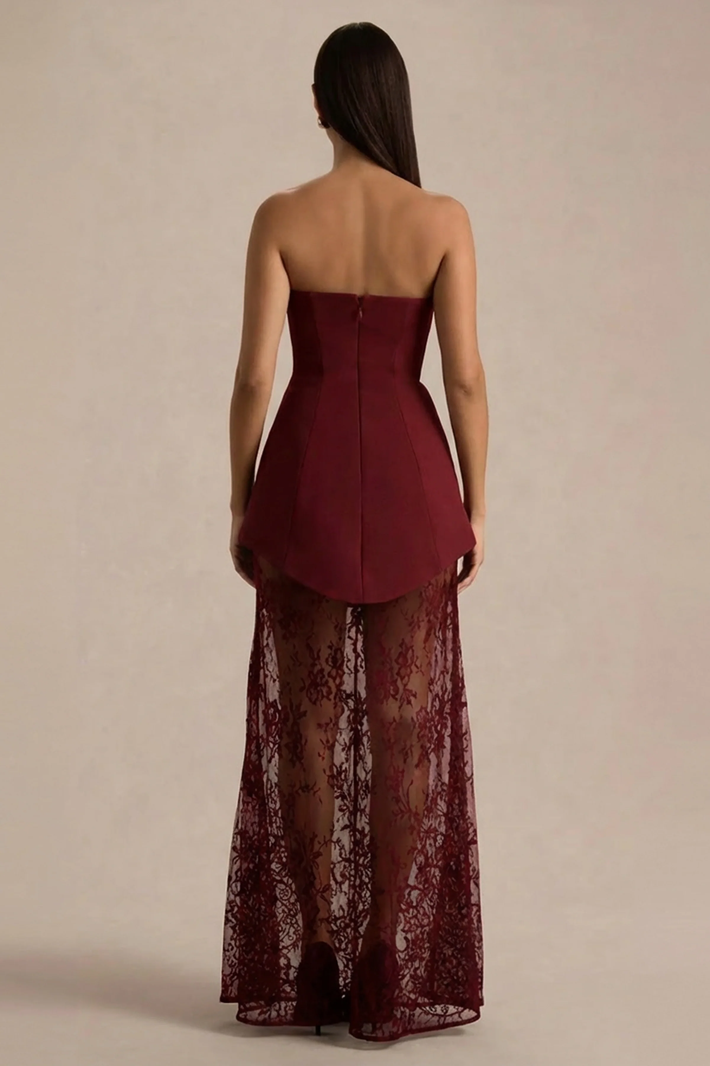 Brandi | Burgundy Bandeau Maxi Dress With Lace Skirt - Image 2