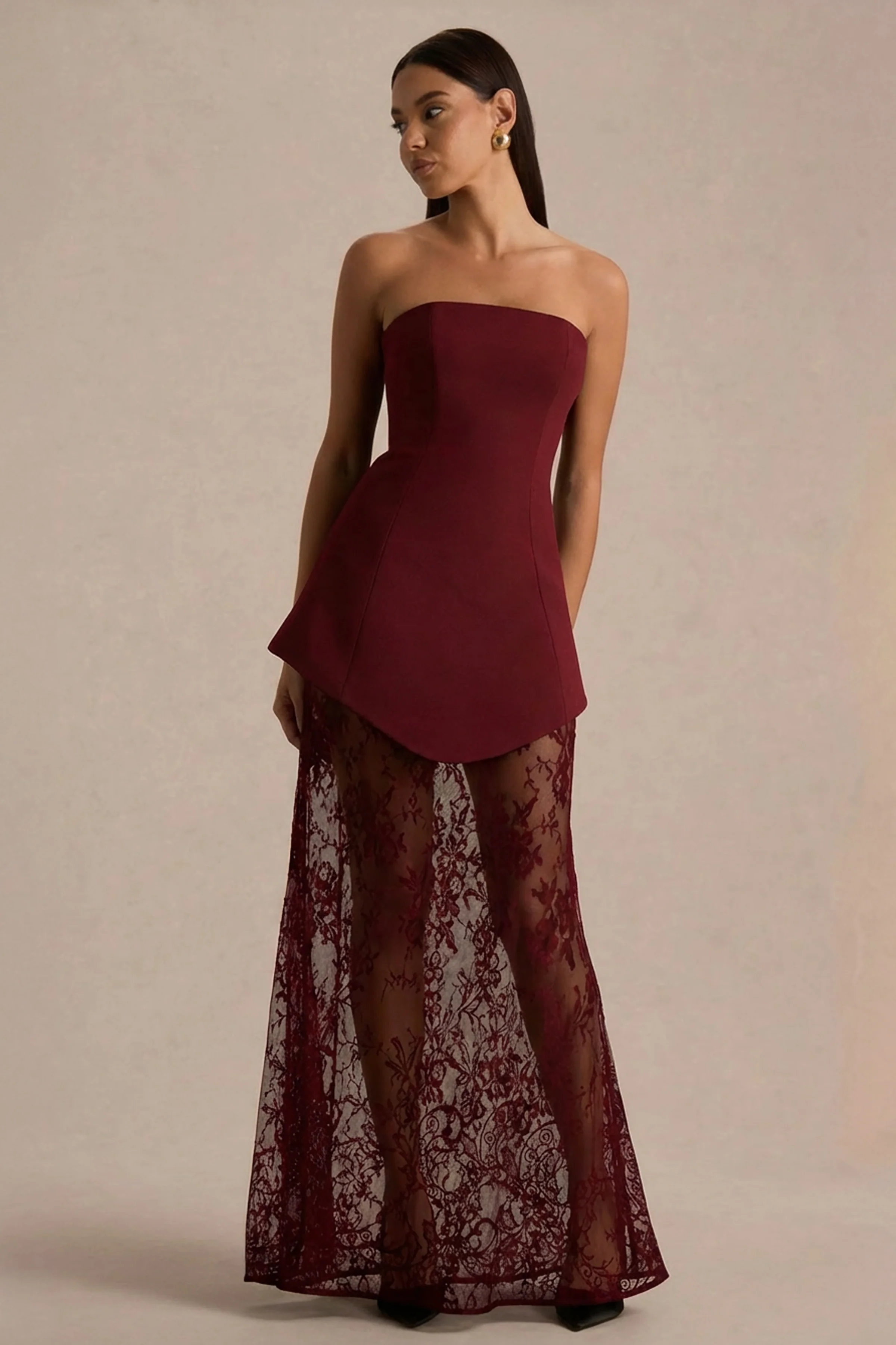 Brandi | Burgundy Bandeau Maxi Dress With Lace Skirt - Image 4