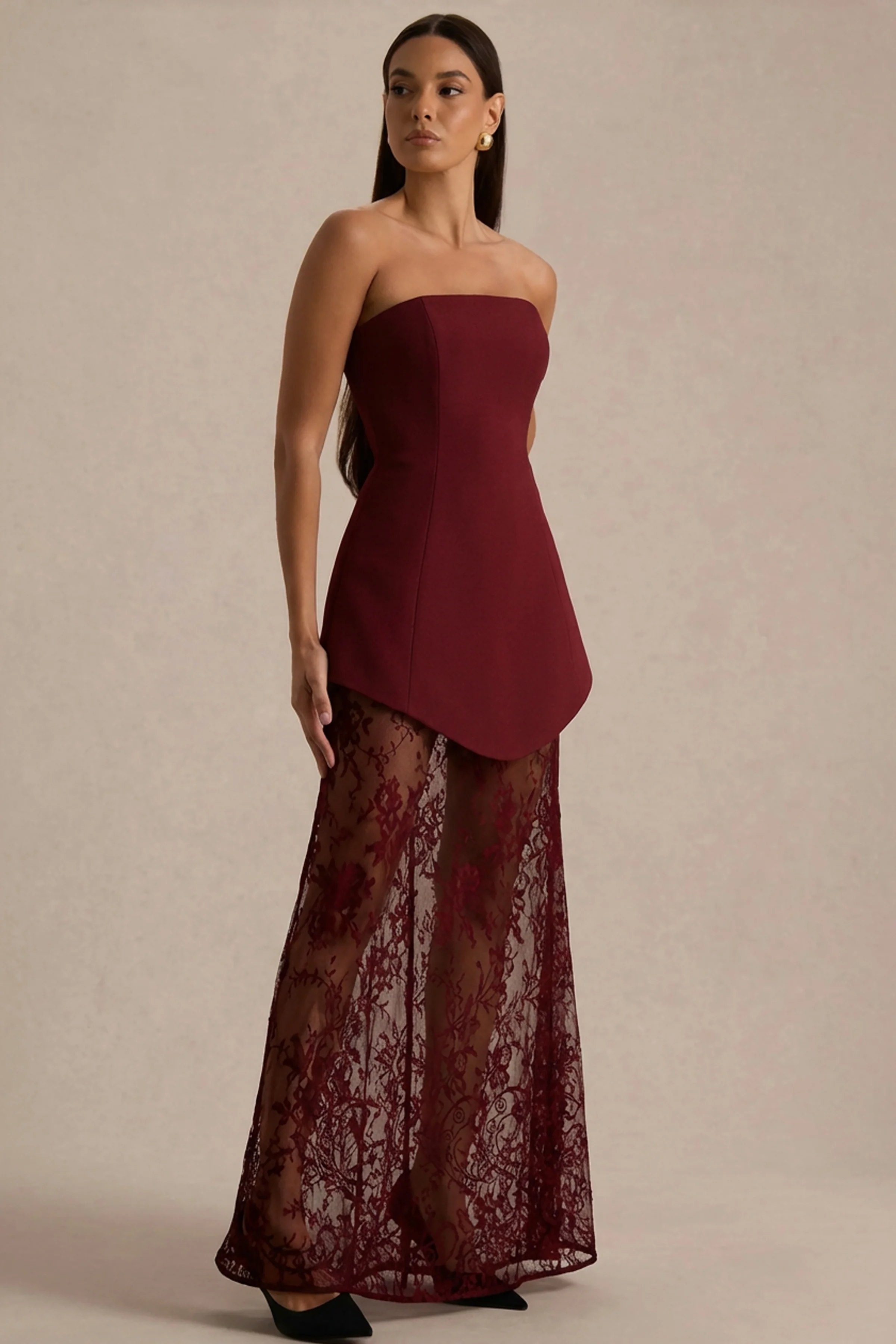 Brandi | Burgundy Bandeau Maxi Dress With Lace Skirt - Image 5