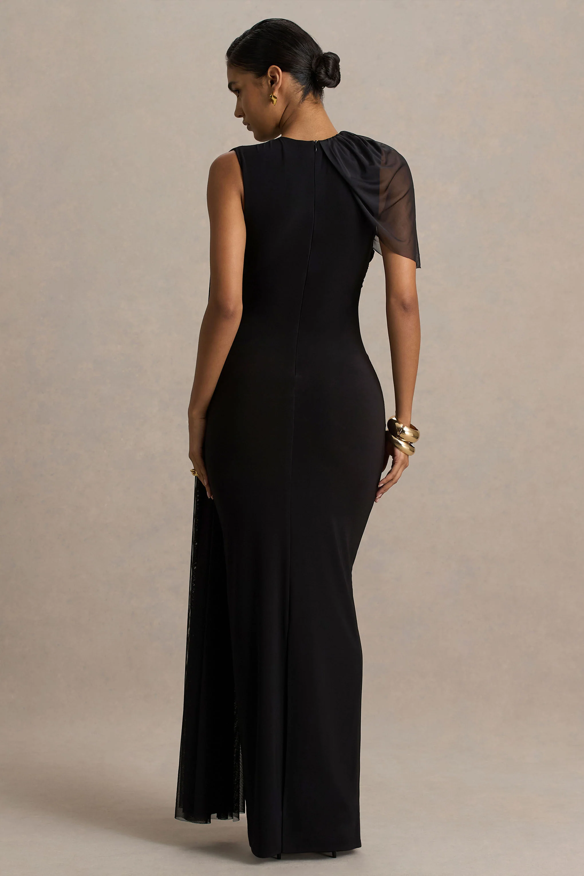 Brenda | Black Crew-Neck Maxi Dress With Mesh Cape And Sash - Image 2