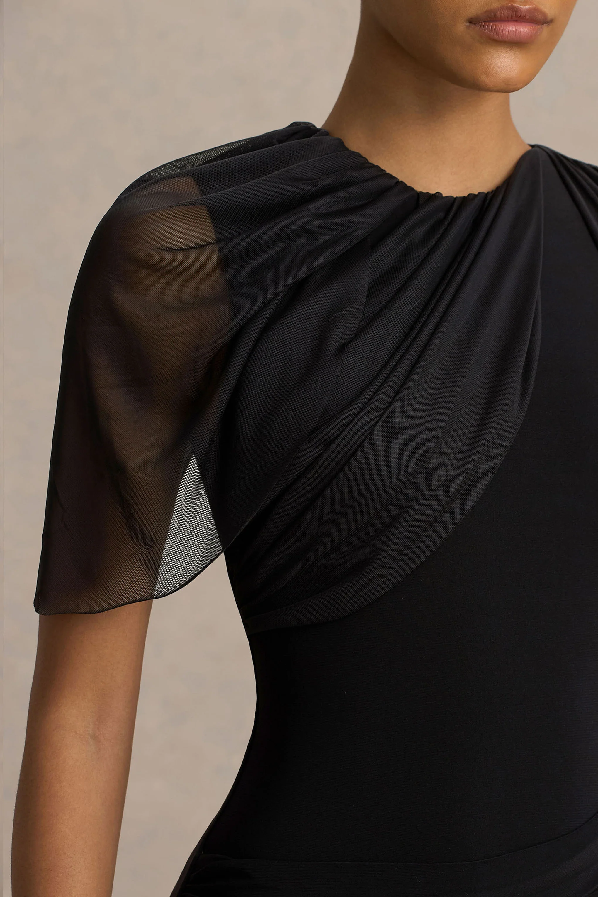 Brenda | Black Crew-Neck Maxi Dress With Mesh Cape And Sash - Image 3