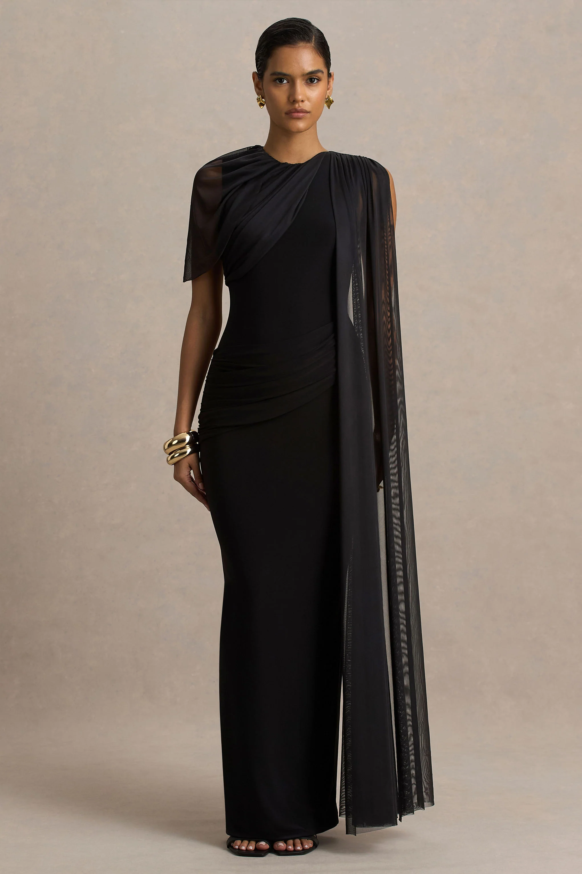 Brenda | Black Crew-Neck Maxi Dress With Mesh Cape And Sash - Image 5