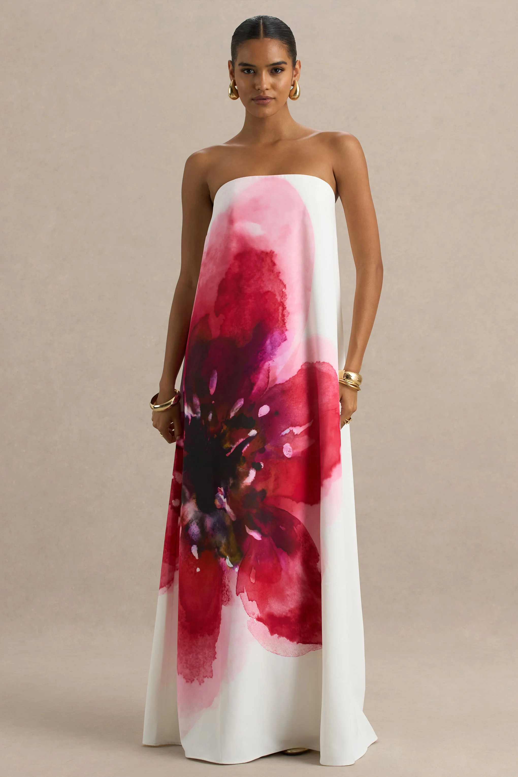 Breonna | Bright Pink Floral Placement Print Bandeau Maxi Dress - Image 2