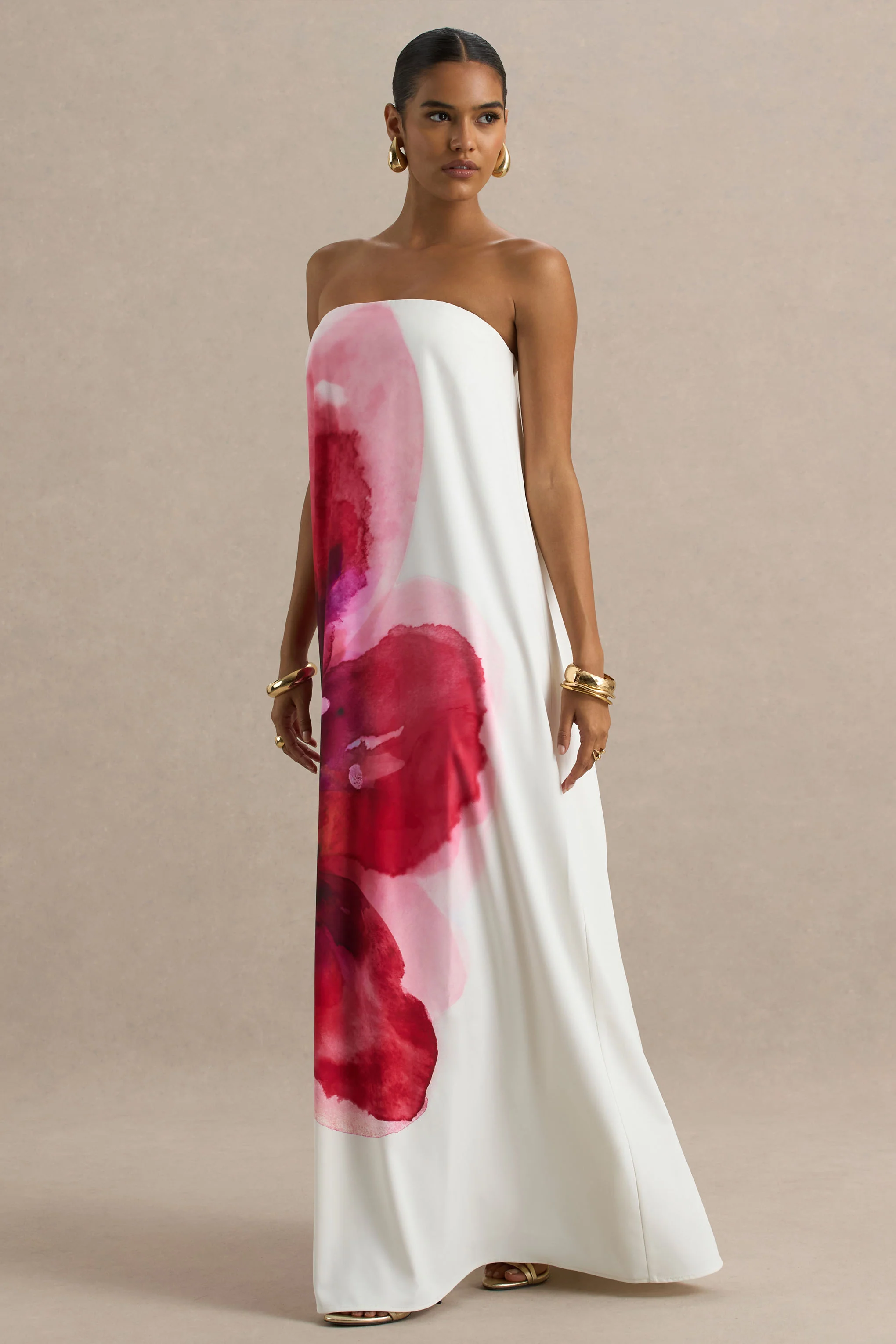 Breonna | Bright Pink Floral Placement Print Bandeau Maxi Dress - Image 5