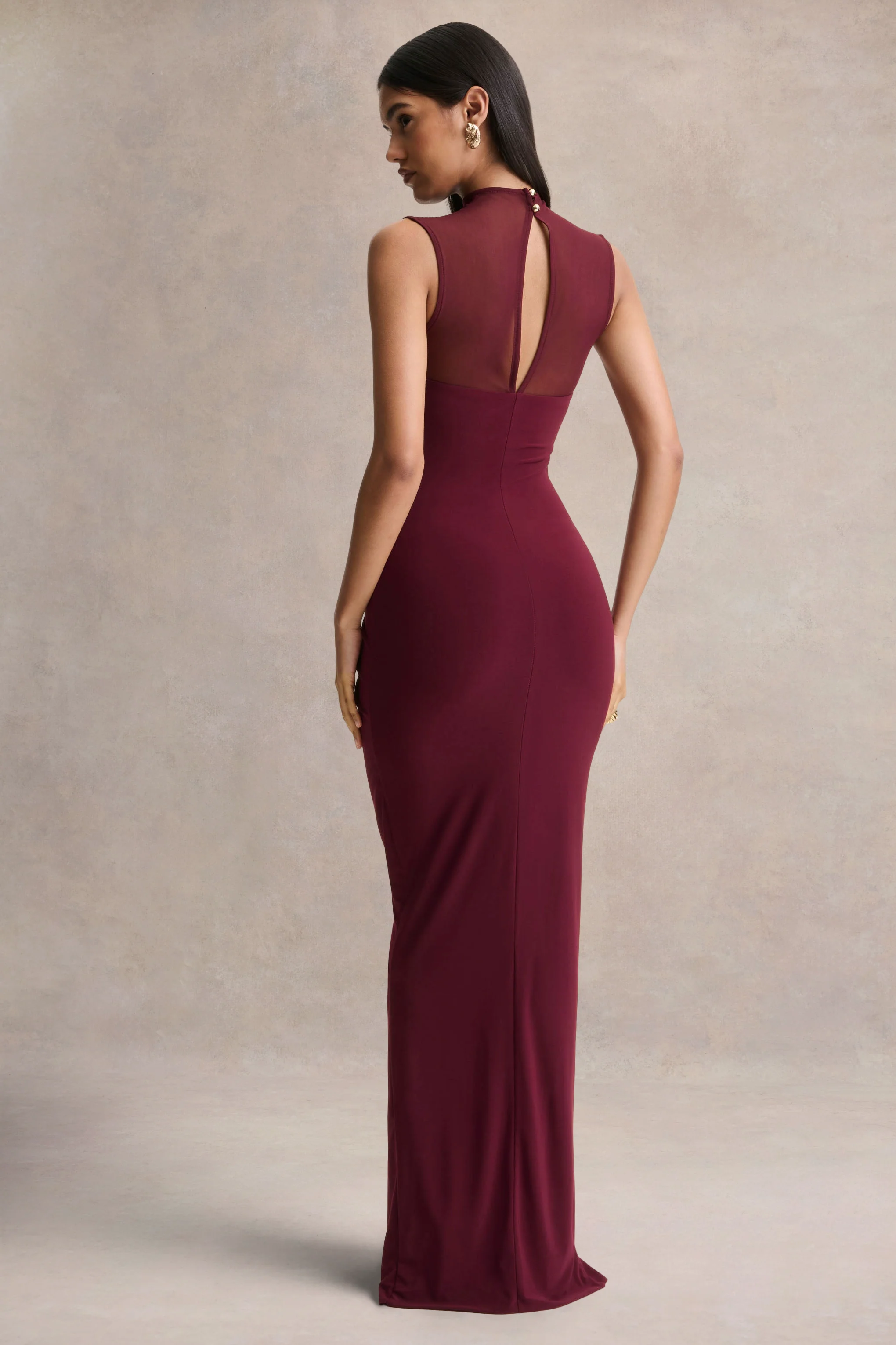 Brialle | Burgundy High-Neck Maxi Dress With Mesh And Gathered-Detailing - Image 2