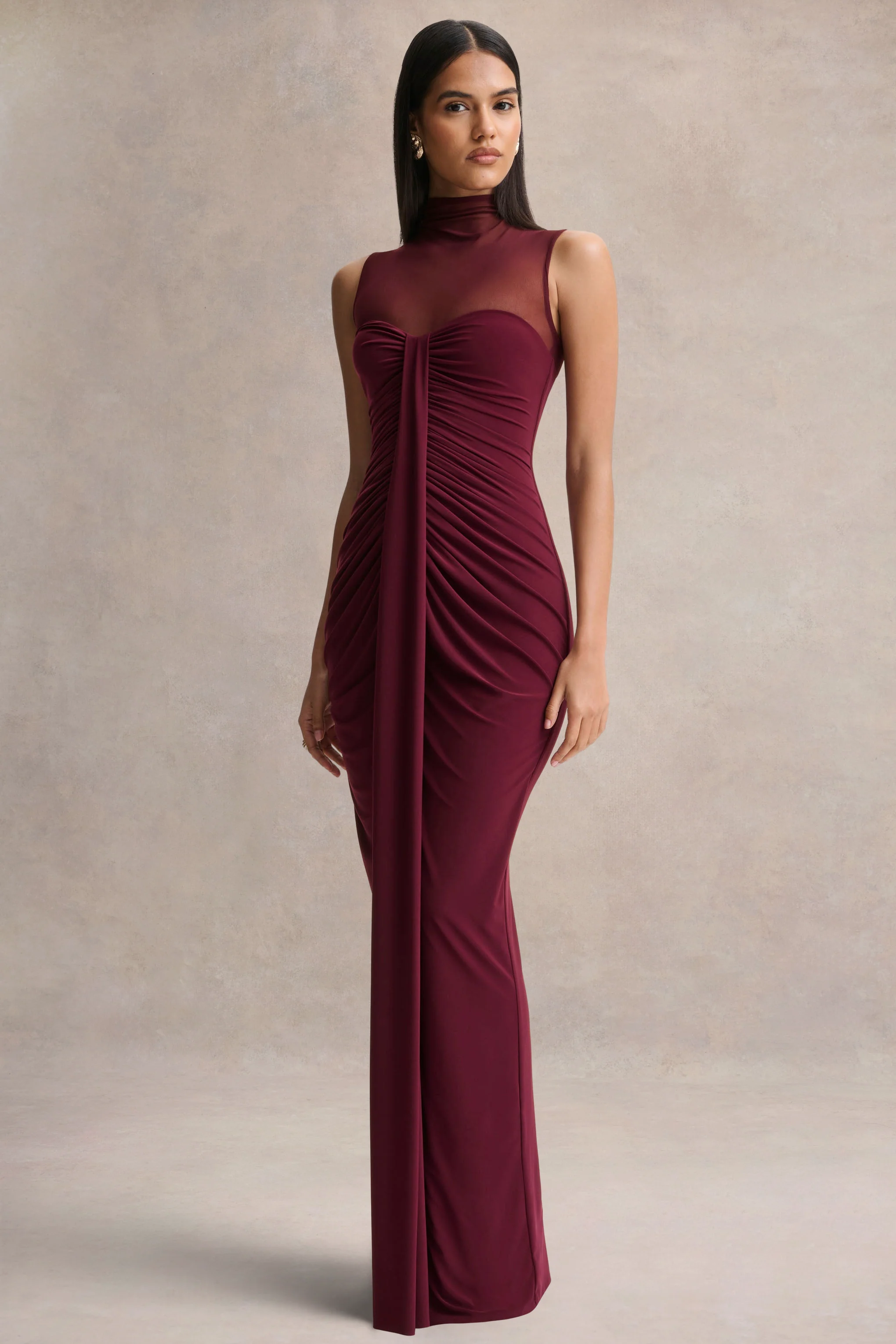 Brialle | Burgundy High-Neck Maxi Dress With Mesh And Gathered-Detailing - Image 4