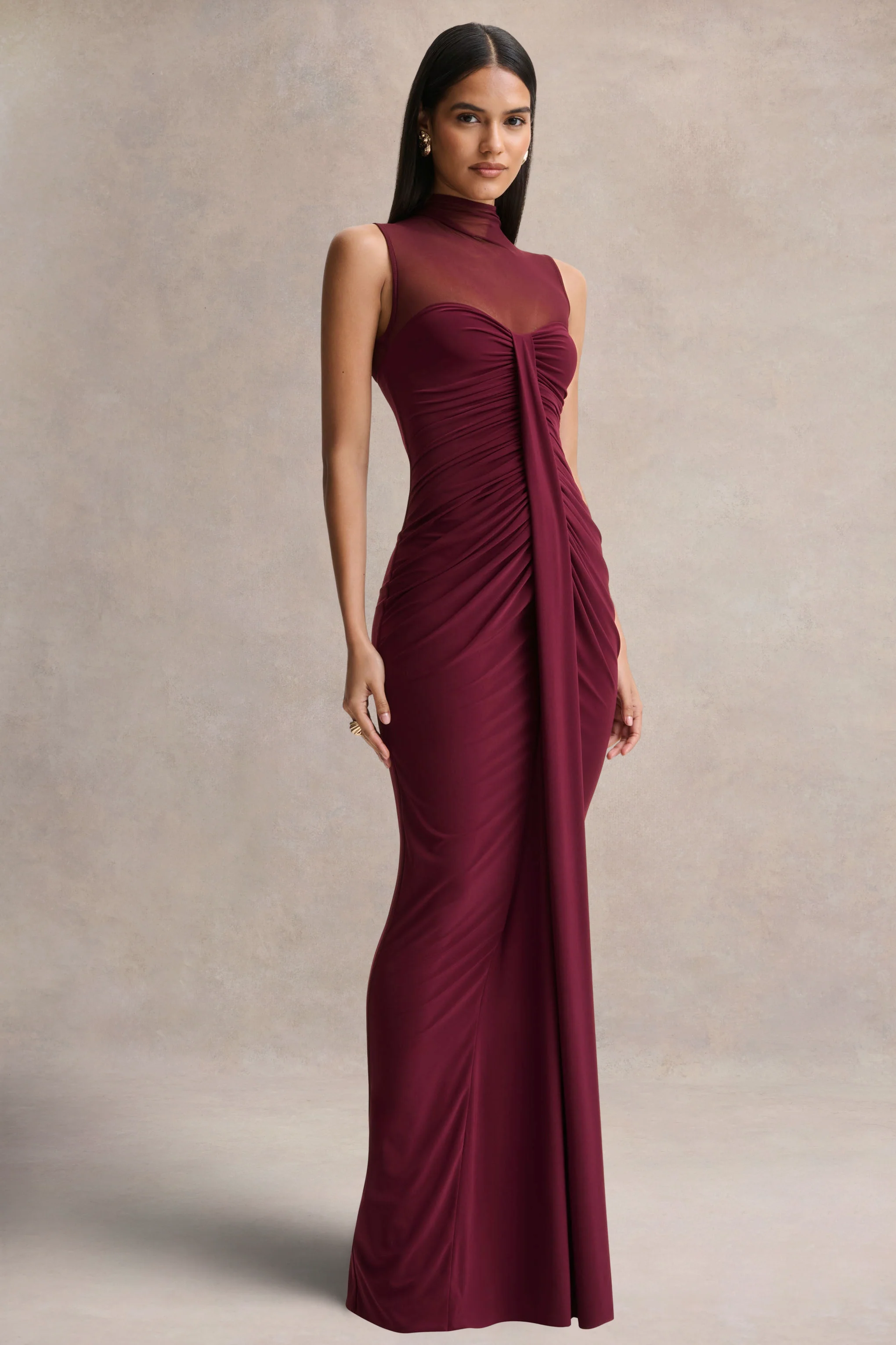 Brialle | Burgundy High-Neck Maxi Dress With Mesh And Gathered-Detailing - Image 5