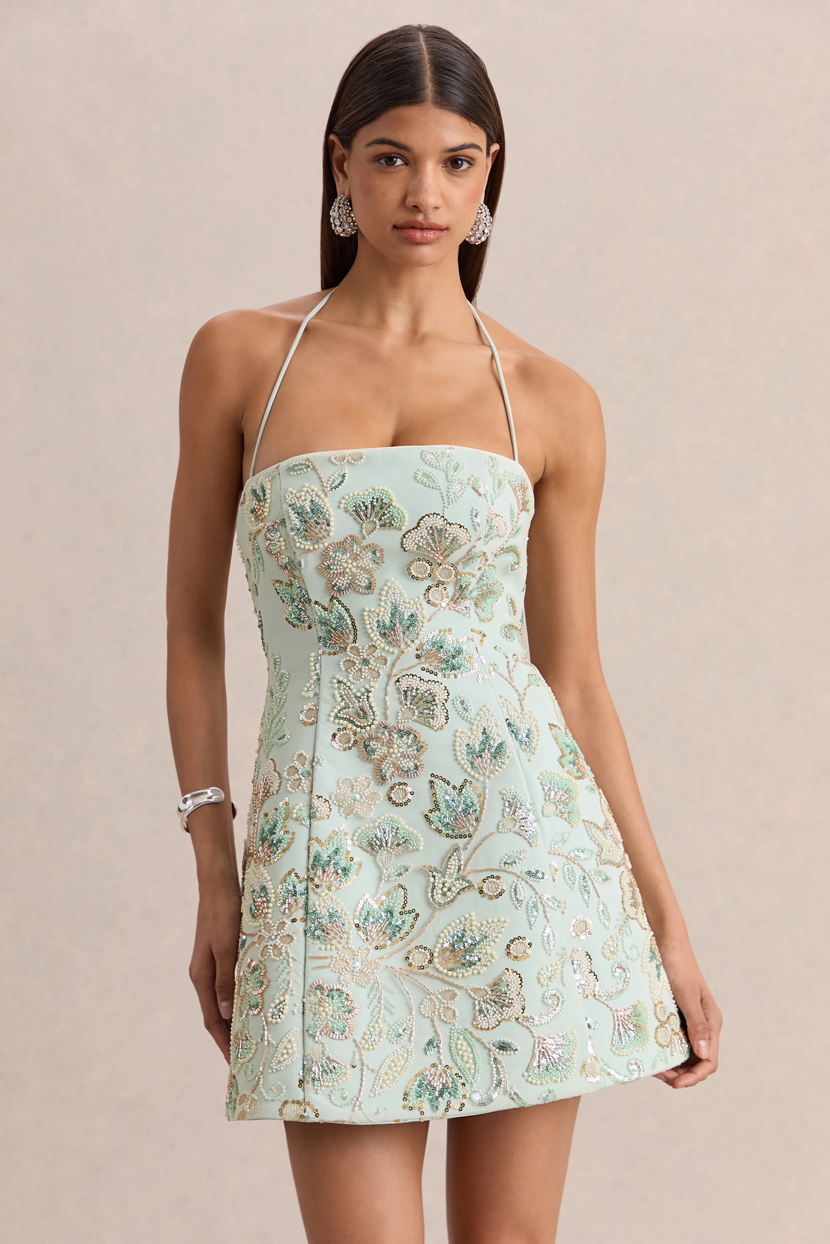 Brianna | Mint Floral Embellished Square-Neck Mini Dress - Image 3