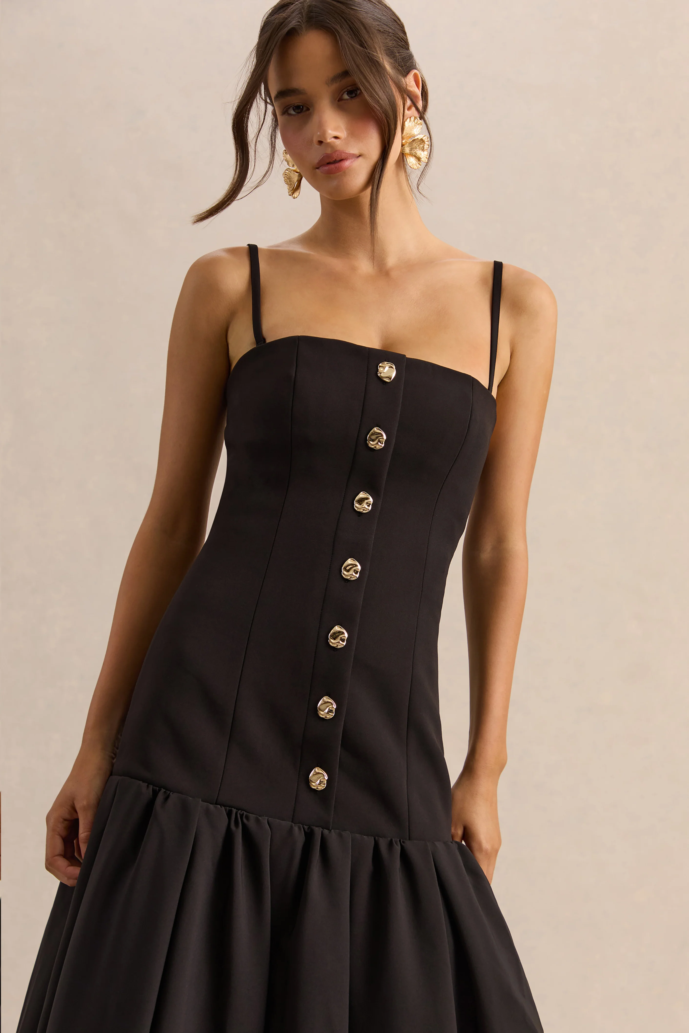 Briella | Black Bandeau Midi Dress With Gold-Button Detailing - Image 3