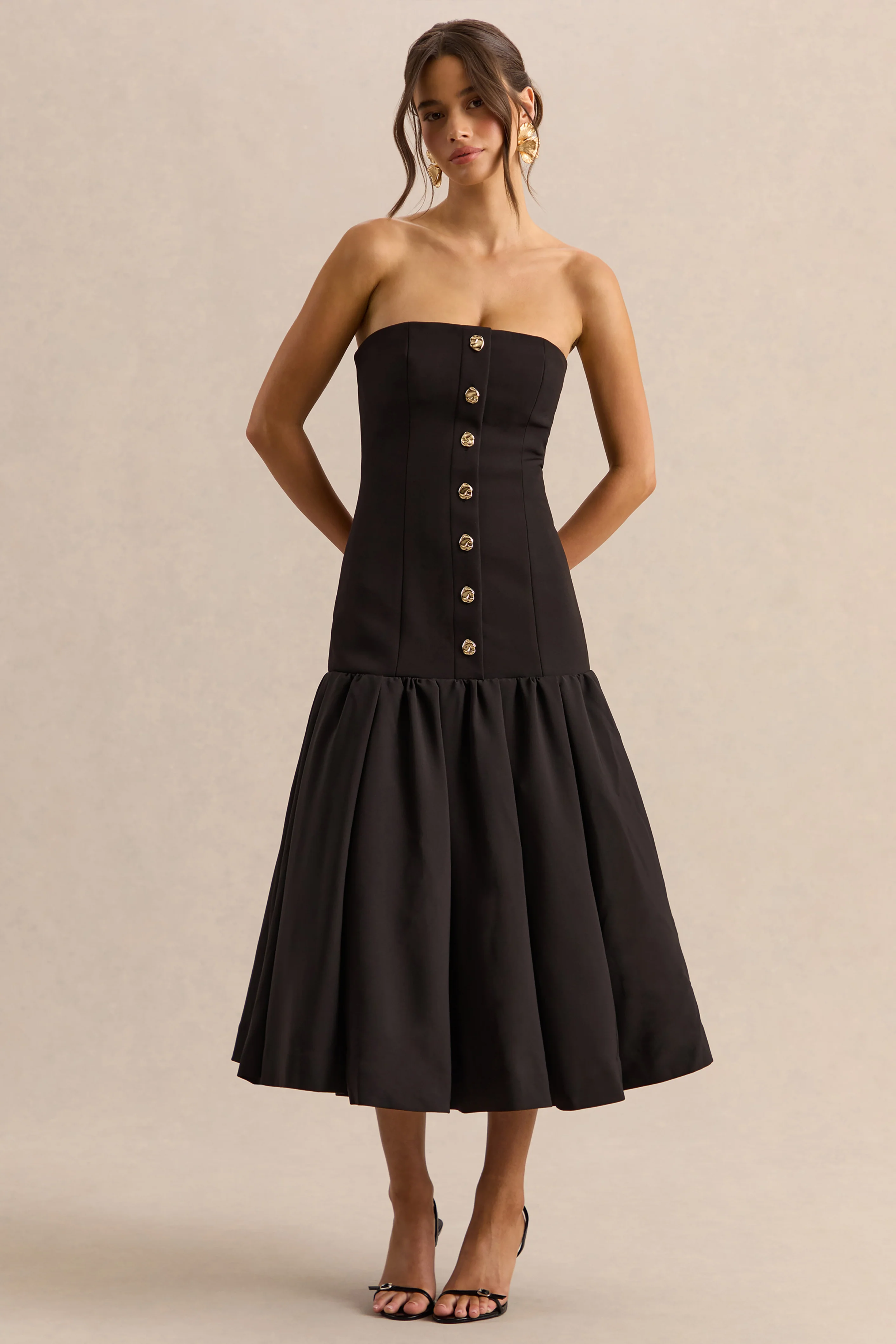 Briella | Black Bandeau Midi Dress With Gold-Button Detailing - Image 5