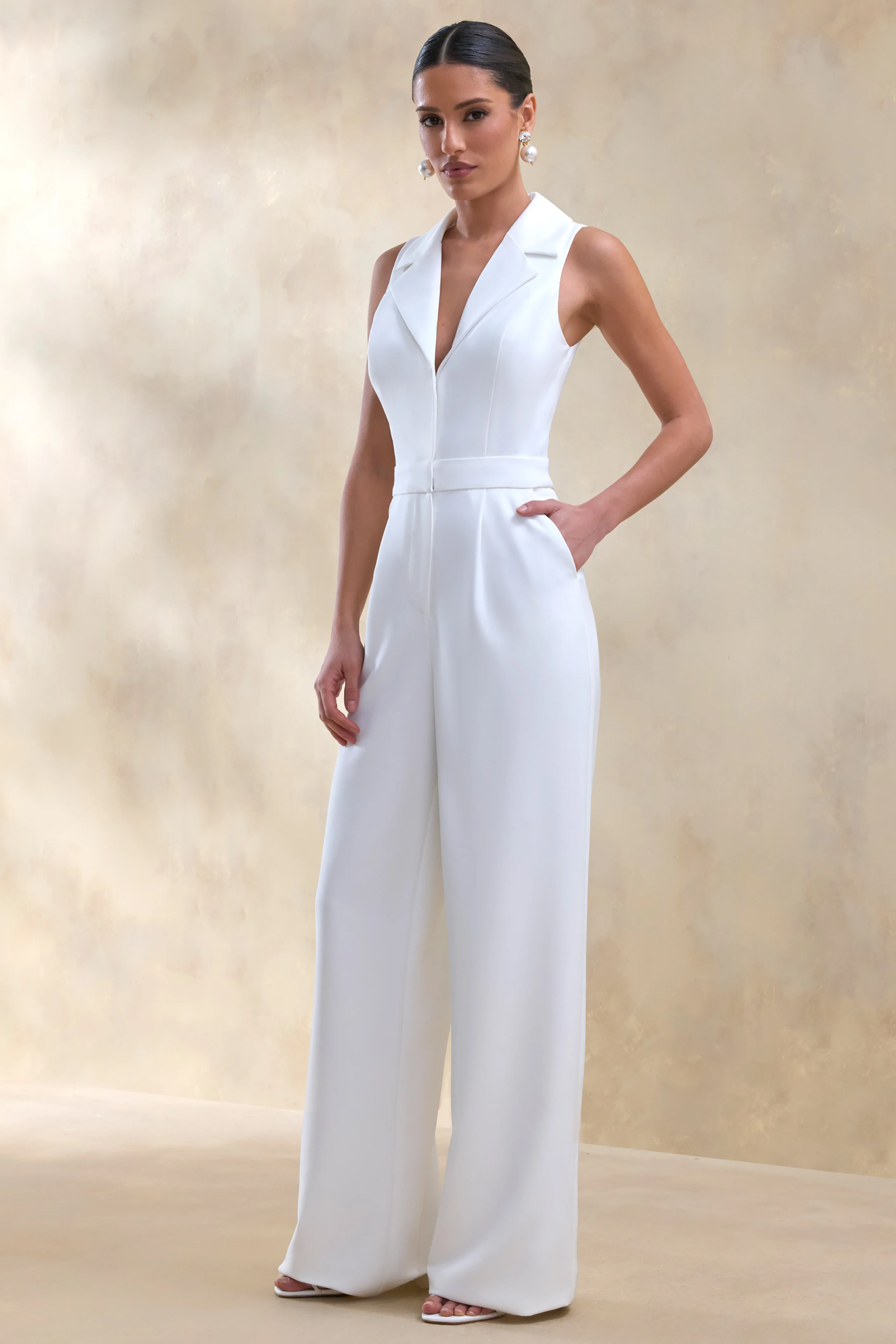 Brillora | White Plunge-Neck Tailored Jumpsuit - Image 4