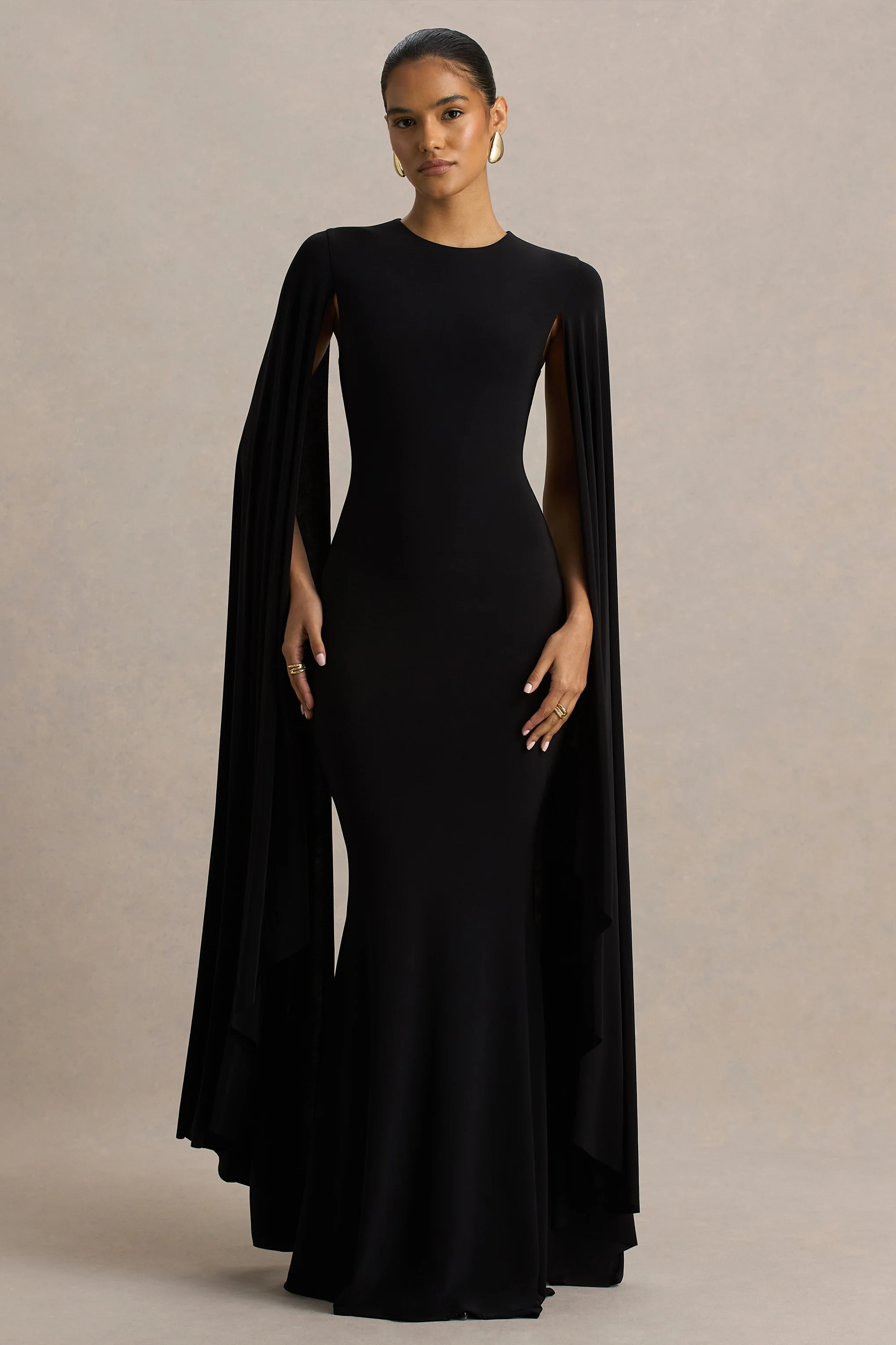 Briony | Black Crew-Neck Maxi Dress With Cape Sleeves - Image 3