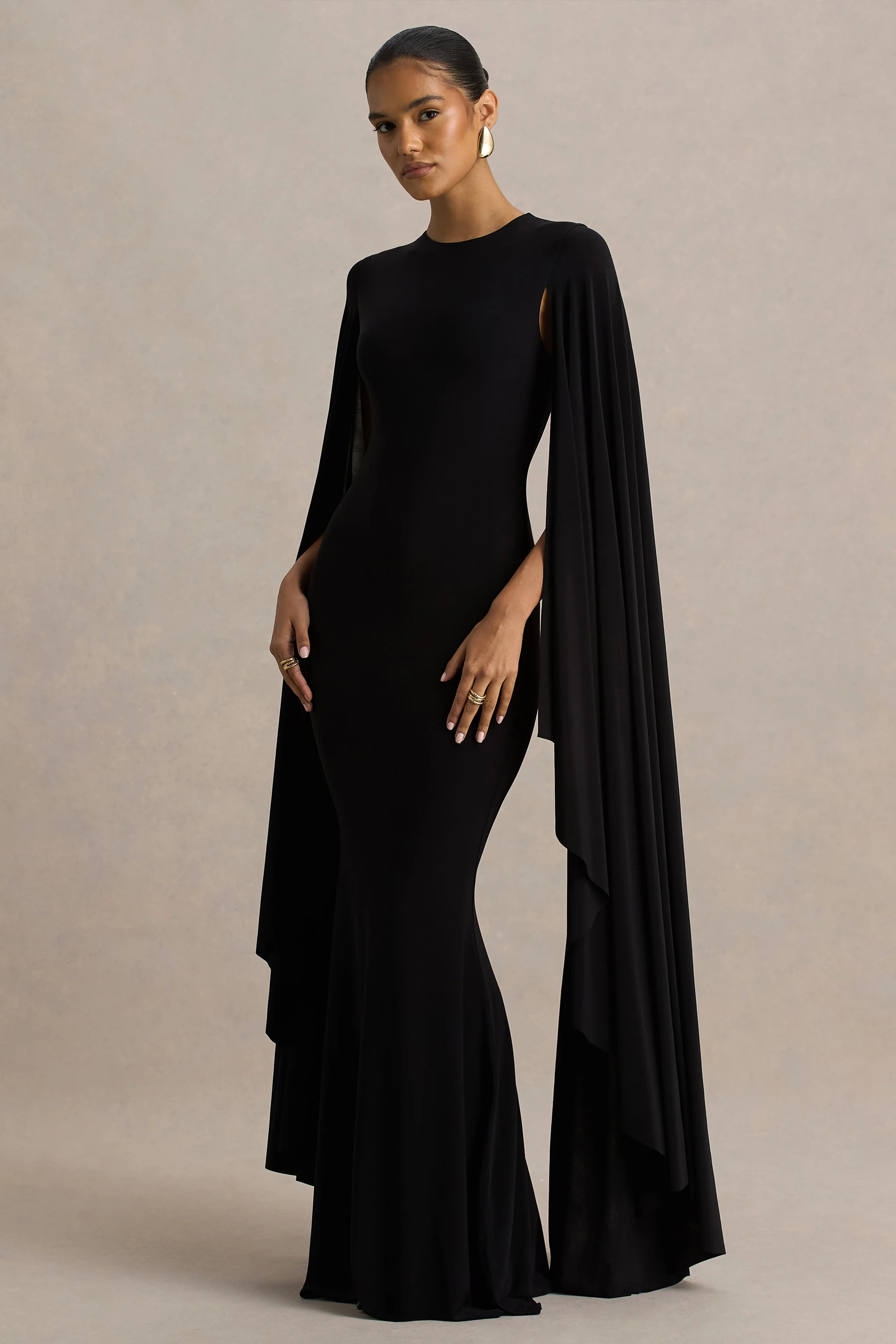 Briony | Black Crew-Neck Maxi Dress With Cape Sleeves - Image 5